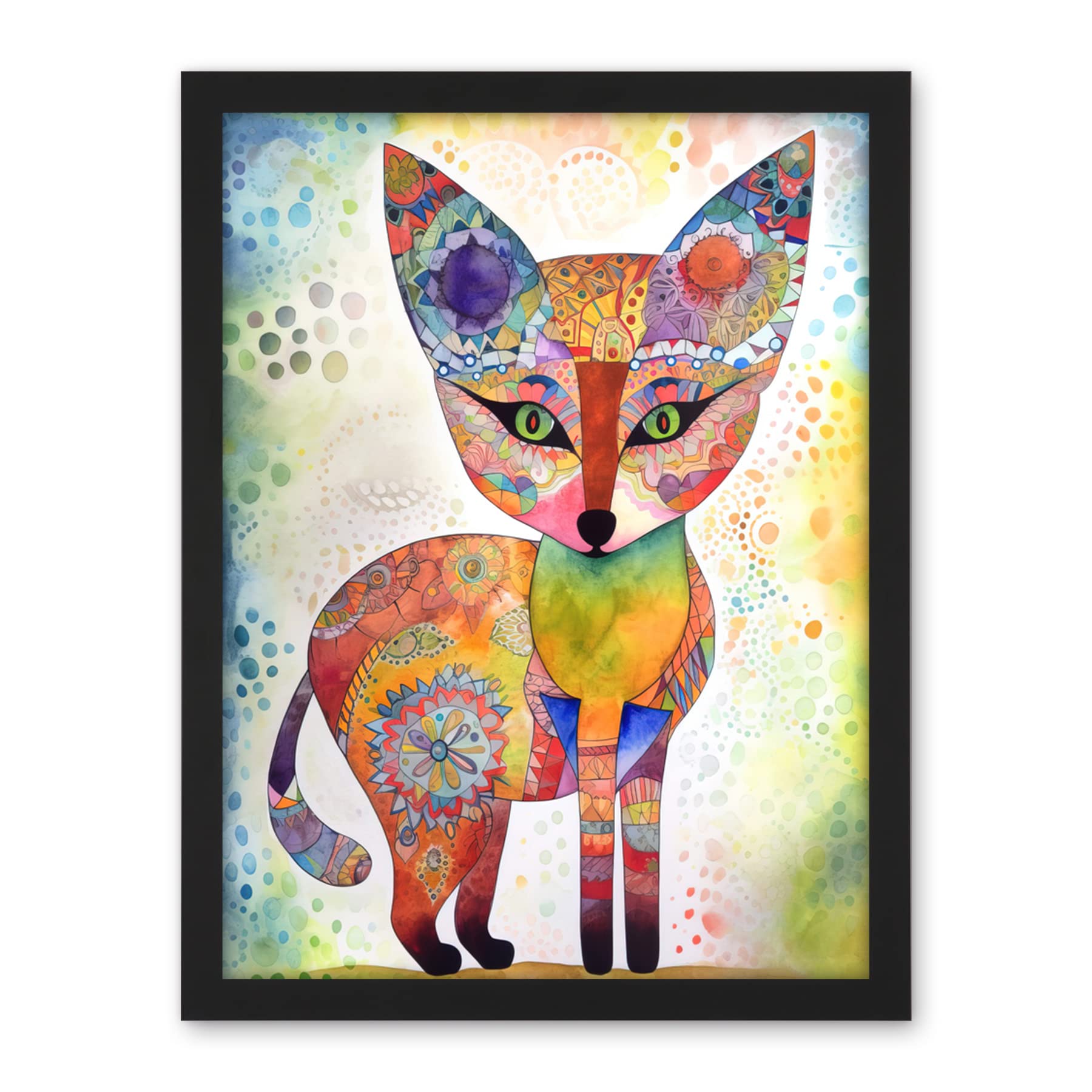 Artery8 Fox Folk Art Watercolour Painting Artwork Framed Wall Art Print 18X24 Inch