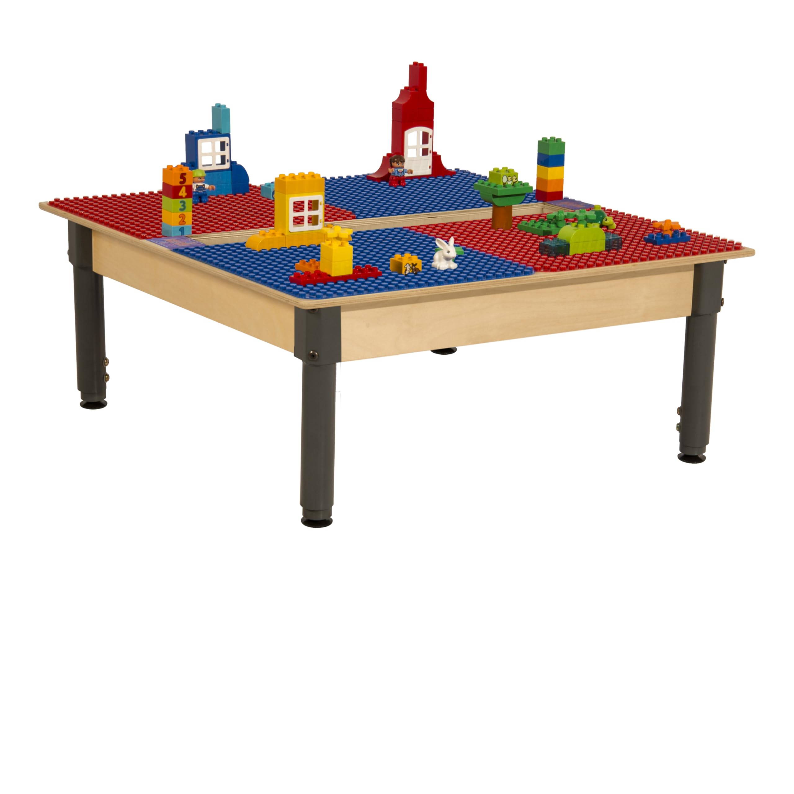 Wood Designs Time-2-Play 2-in-1 Montessori Kids Play Table, 35”W Red & Blue Square Activity Table with Trough for Toddlers Compatible with Duplo Building Blocks [12”-17” Adjustable Legs]