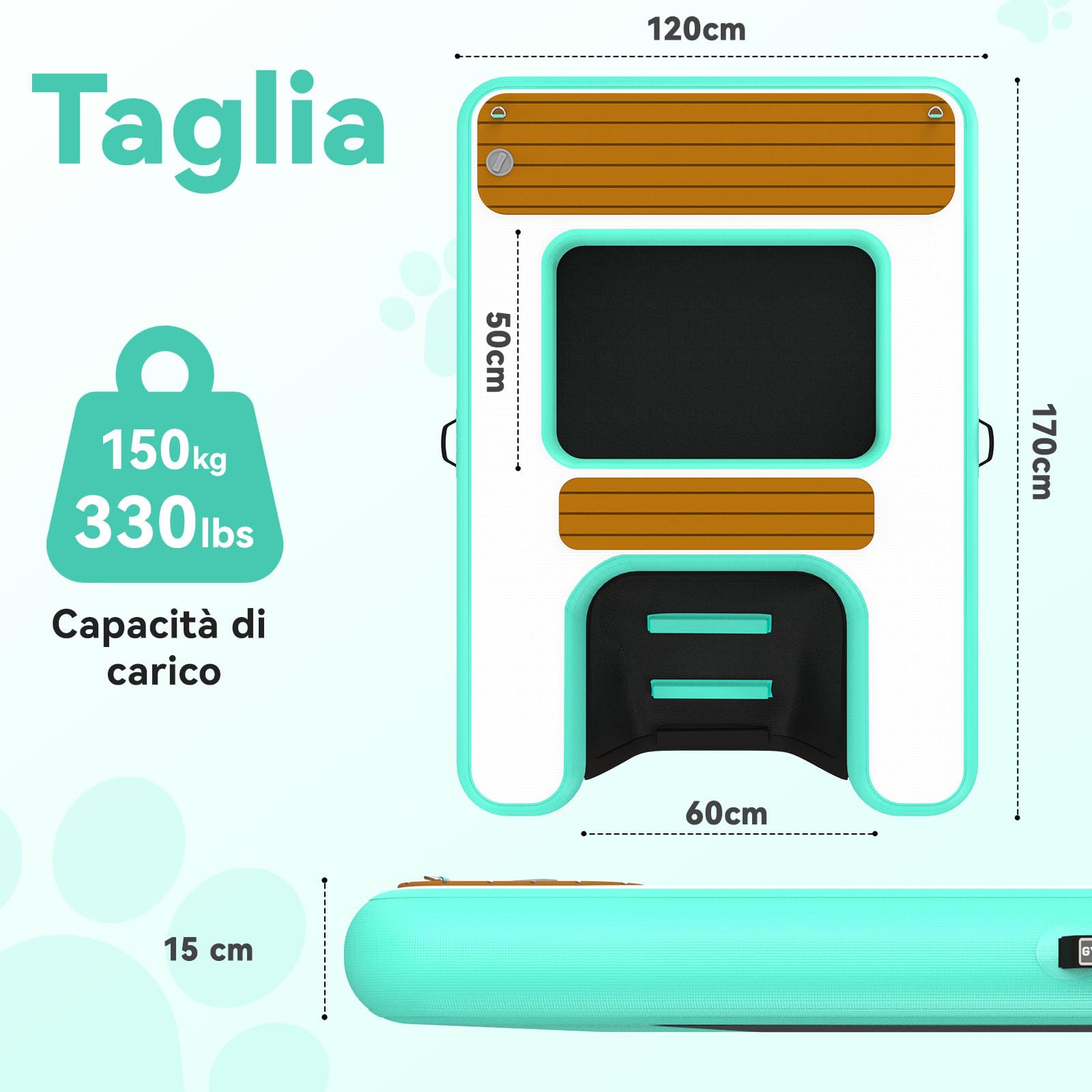 Rampa per Cani per Accesso all'Acqua Ottimizzata 170 x 120 cm, 2 in 1 Piattaforma Acquatica Gonfiabile per Cani, Portata Fino a 150 kg, Adatta per Pontili, Barche e Piscine