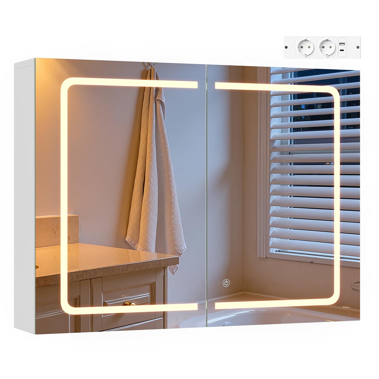 EUGAD Mobile Bagno con Specchio e Luce, Armadietto Bagno a 3 Porte con Ripiani Regolabili, Ganci e Prese, Luce Tattile a 3 Colori, per Appartamento, Bianco (80x14,5x60 cm)