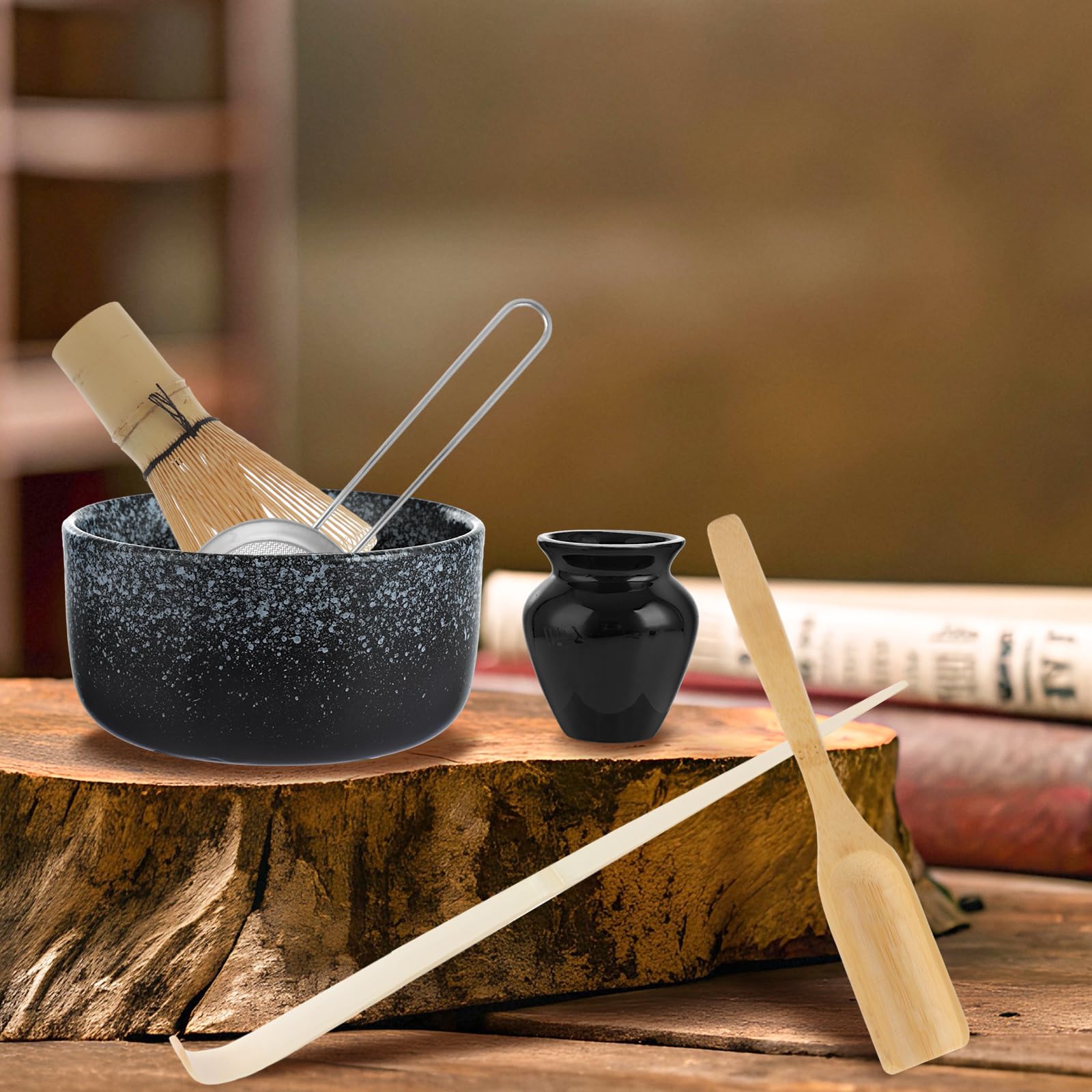ASelected Matcha zestaw 6 miotł do herbaty Macha z miotłą matcha, miotłą matcha, łyżeczką, sitkiem do herbaty, uchwytem na miotłę, zestaw startowy do różnych napojów w proszku, takich jak kakao lub