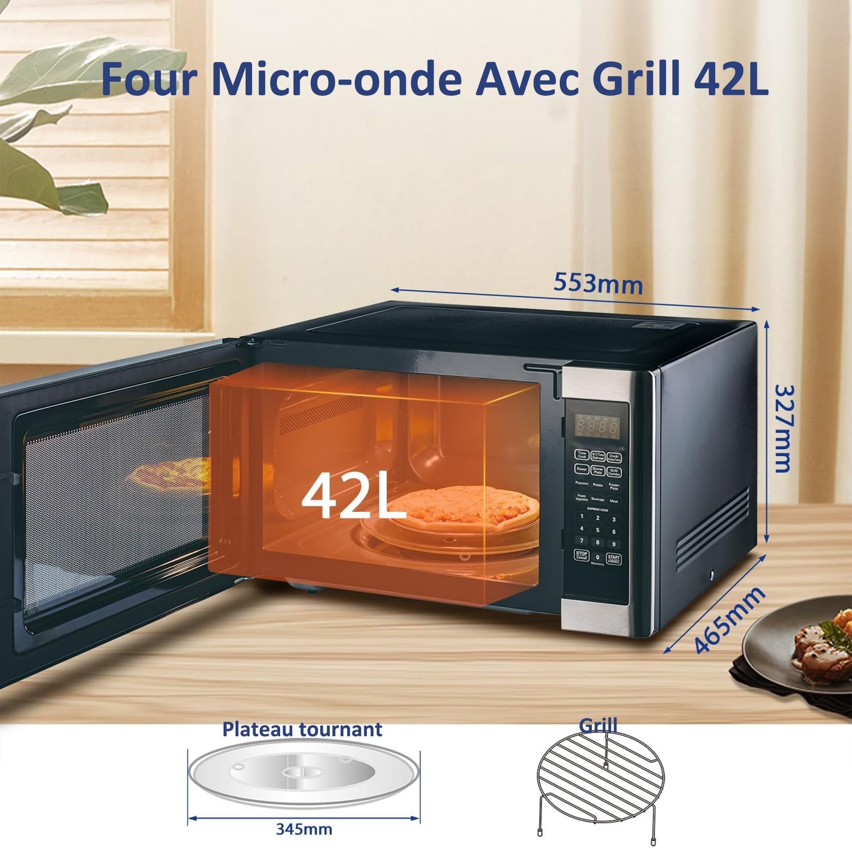Smad Four Micro-ondes Combiné, 42L, Four Micro-ondes avec Grill, Micro-ondes 1100W, Grill 1200-1400W, 11 Niveaux de Puissance, Micro-ondes Multifonctions, Plateau Tournant 345mm