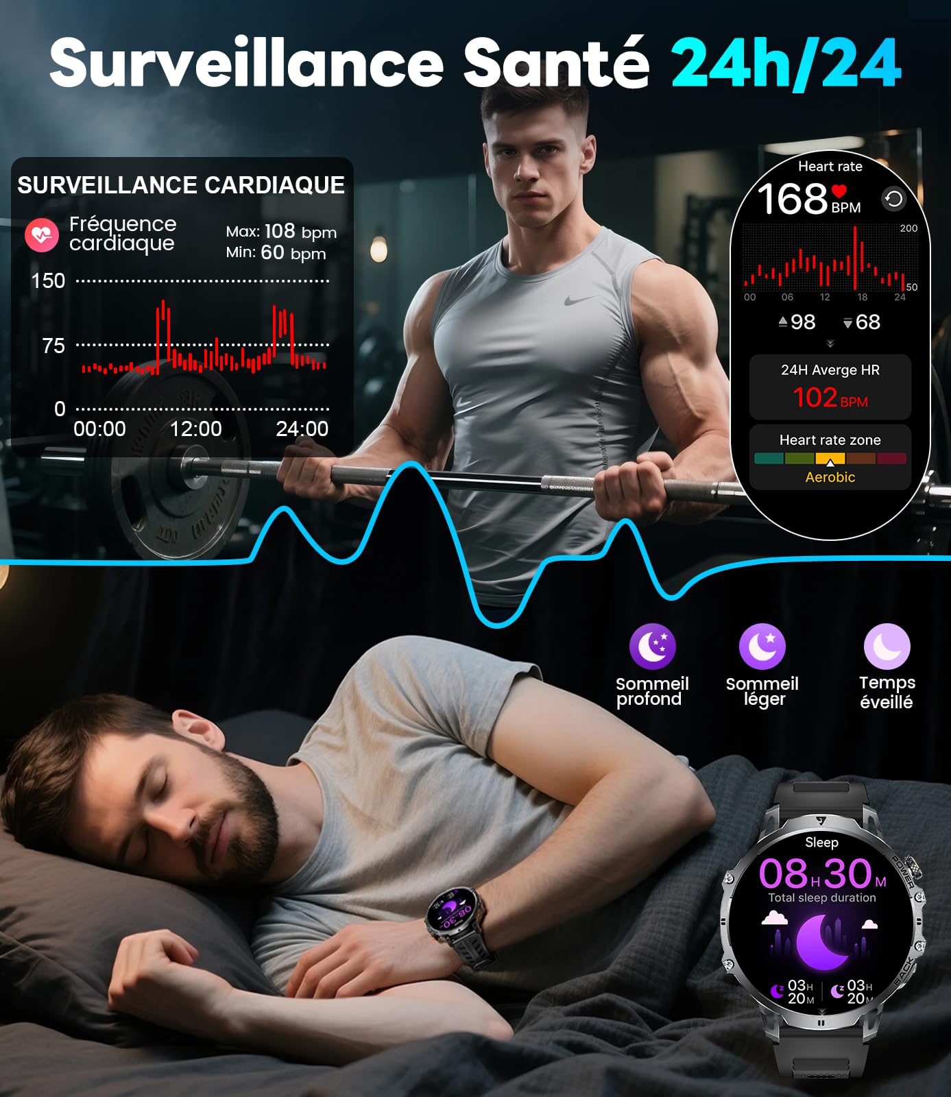 LIGE Montre Connectée Homme 1000 mAh Batterie/1.85'' HD Grand Smartwatch avec LED Lampe,IP68 Étanche Montre Fitness avec 24/7 Fréquence Cardiaque,Moniteur de Sommeil pour Android iOS,3 Bander