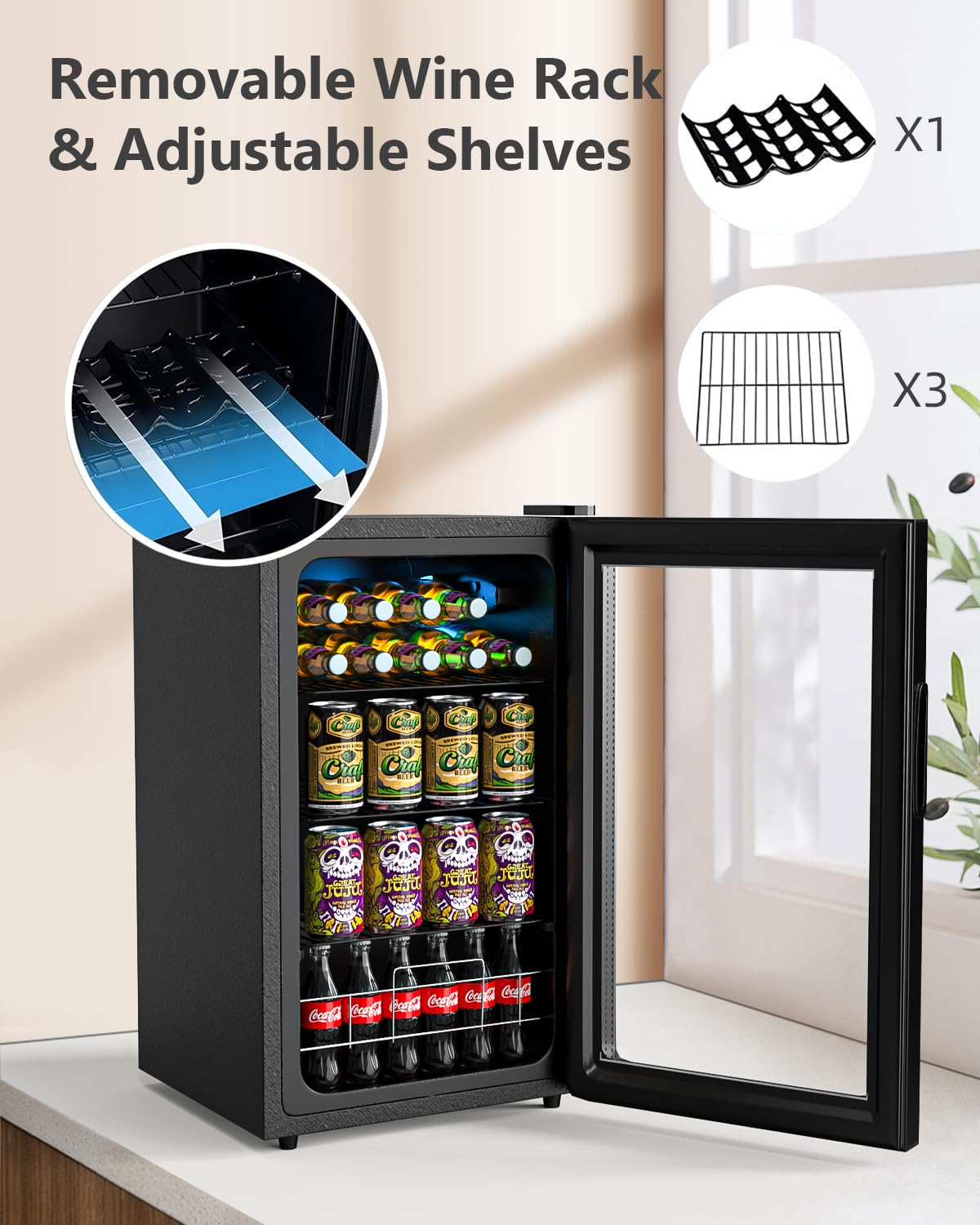 Geekman Beverage Refrigerator Cooler, 120 Cans Freestanding Beverage Fridge With Double-Layer Glass Door， Mini Fridge Beverage With Adjustable Removable Shelving, Perfect For Beer, Wine, Soda And More on Fridge.com - View 5