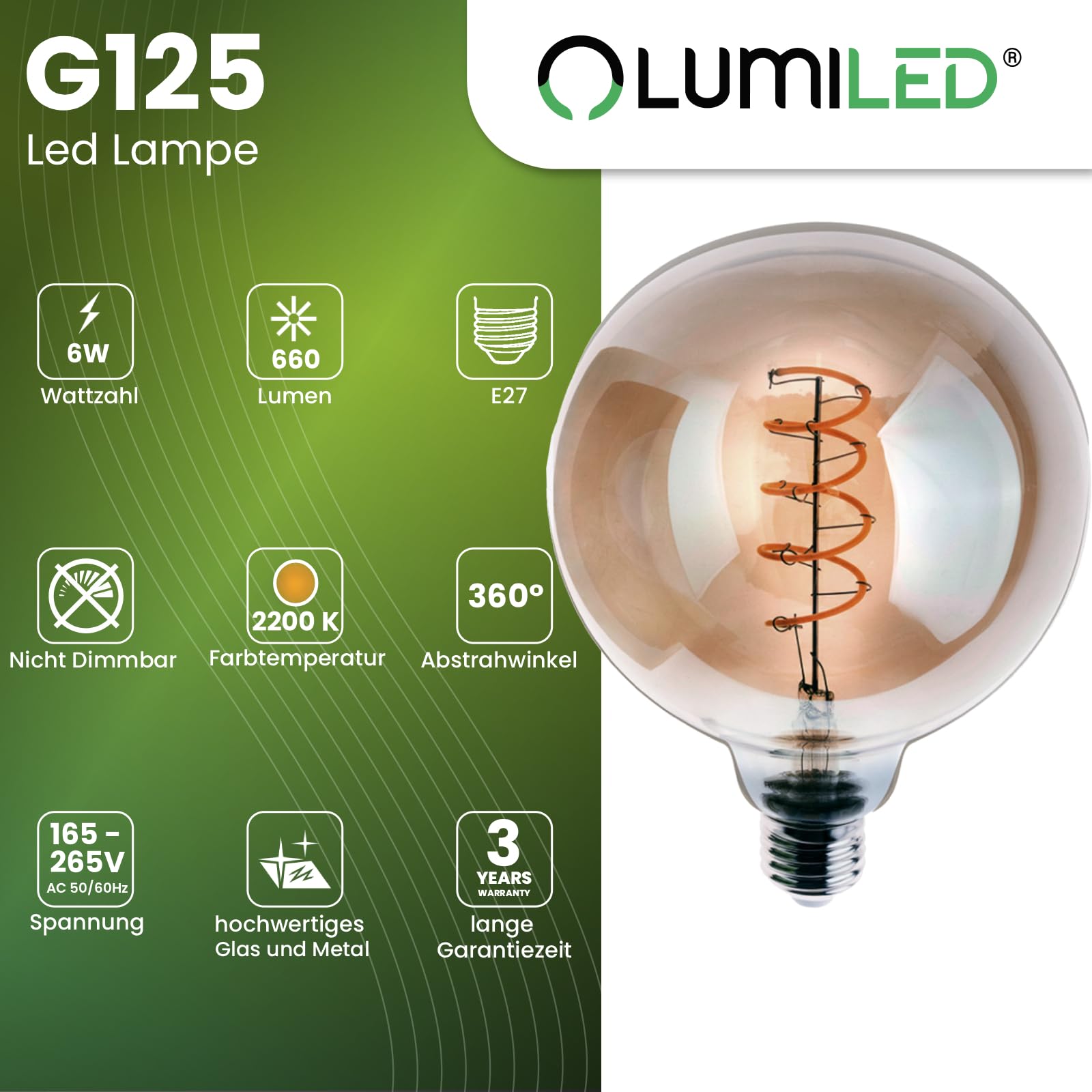 Lumiled Bombilla LED de filamento, E27, G125, 6 W, equivalente a 50 W, 660 lm, 2200 K, cristal ahumado extracálido, ángulo de haz de 360°, paquete de 6 unidades, forma de globo, luz decorativa retro
