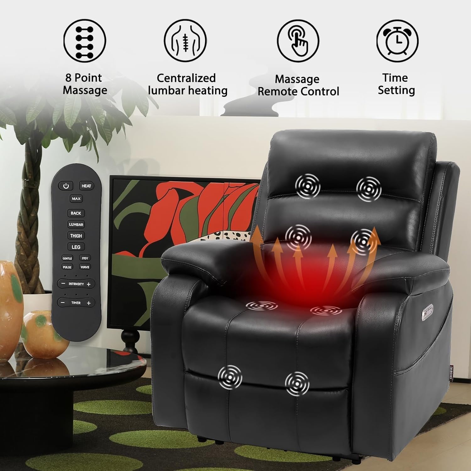 Black RV Recliner Chair for Small Spaces, Dual Motor Zero Clearance Power Recliners with Heat and Massage Living Room Zero Wall Hugger Recliners