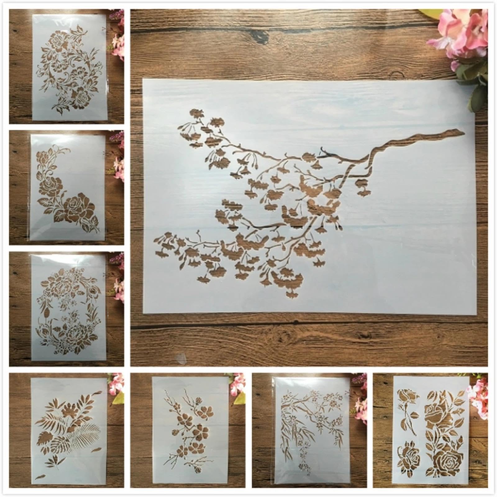 Stencil per artigianato riutilizzabili, 8 pezzi, formato A4, 29 cm, fiori, foglie, rami, stencil per dipingere su legno, stencil da parete, modelli da disegno per porte e decorazioni domestiche