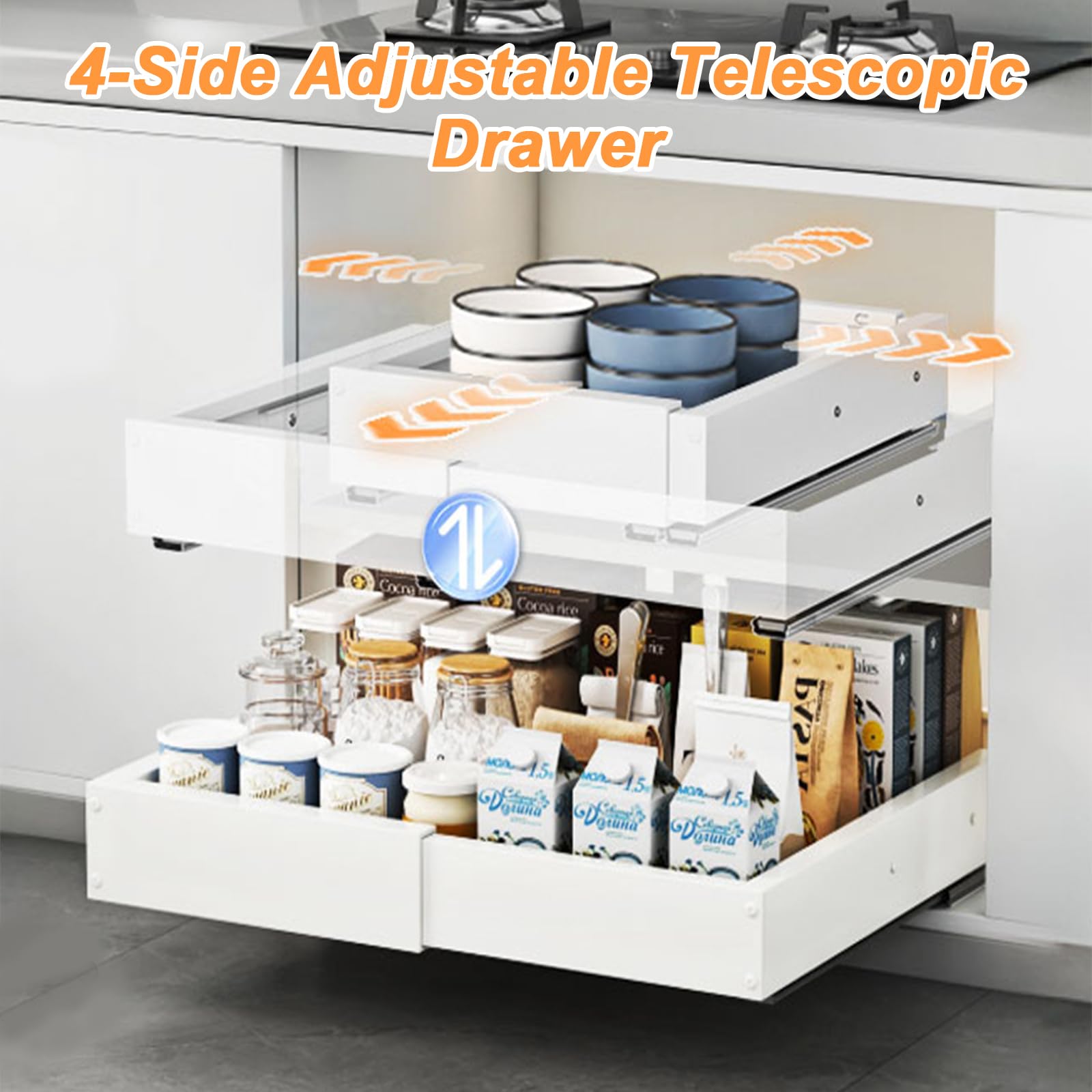 Cajones Extraibles para Cocina 2 Pieza, Bandeja Extraible Armario Cocina, Ajustable 41,5-55cm Fondo y 29-48cm Ancho, Bandeja Armario sin Taladro, Organizador Cajones Despensa, Blanco