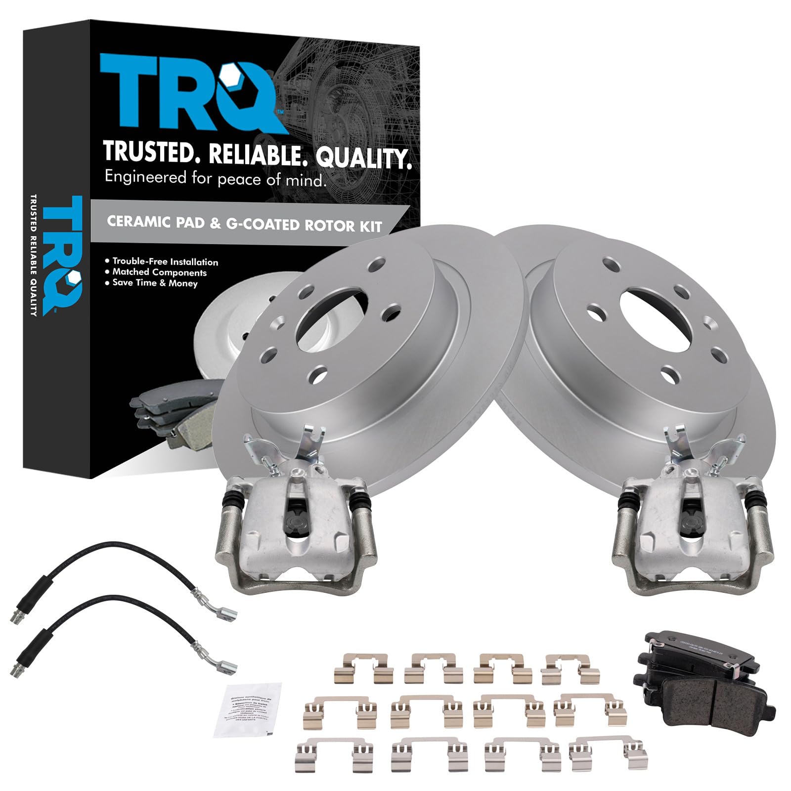 TRQ Rear Brake Pad and Rotor Set Ceramic G Coated Solid Rotors Calipers Compatible with 2014-2015 Chevrolet Malibu 2016 Malibu Limited