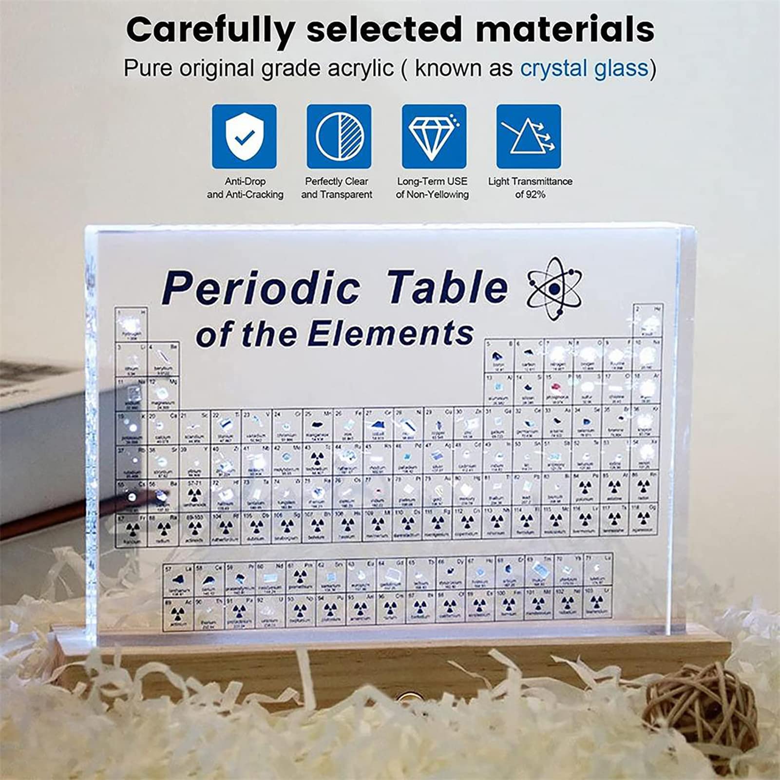 Tavola Periodica Degli Elementi,Display per Tavolo periodico Chimica Acrilica con 83 elementi, Base luminosa colorata ricaricabile senza fili,per Studenti,Insegnanti, Regali, Artigianato, Home Decor