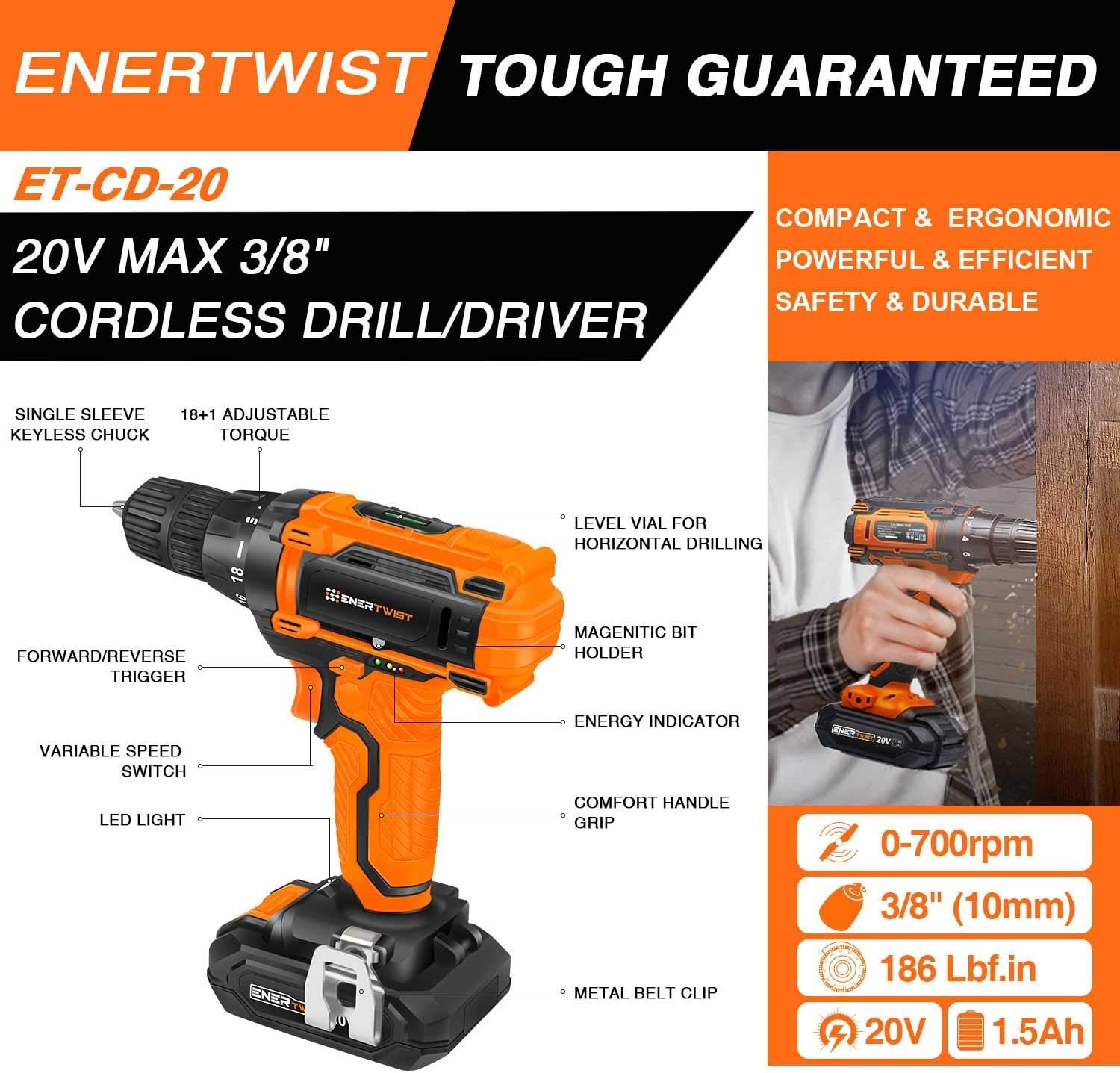 EnerTwist 20V Max Cordless Drill, 3/8 Inch Power Drill Set with Lithium Ion Battery and Charger, Variable Speed, 19 Positions and 28-Pieces Drill/Driver Accessories Kit, ET-CD-20