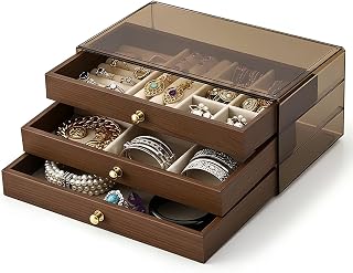 Schmuckkästchen, Schmuckschatulle, Schmuckkästchen aus Holz, Schmuckkasten aus Walnussholz, 3-Stöckige Schmuckschatulle, Organizer für Ringe, Ohrringe, Halsketten, Armbänder