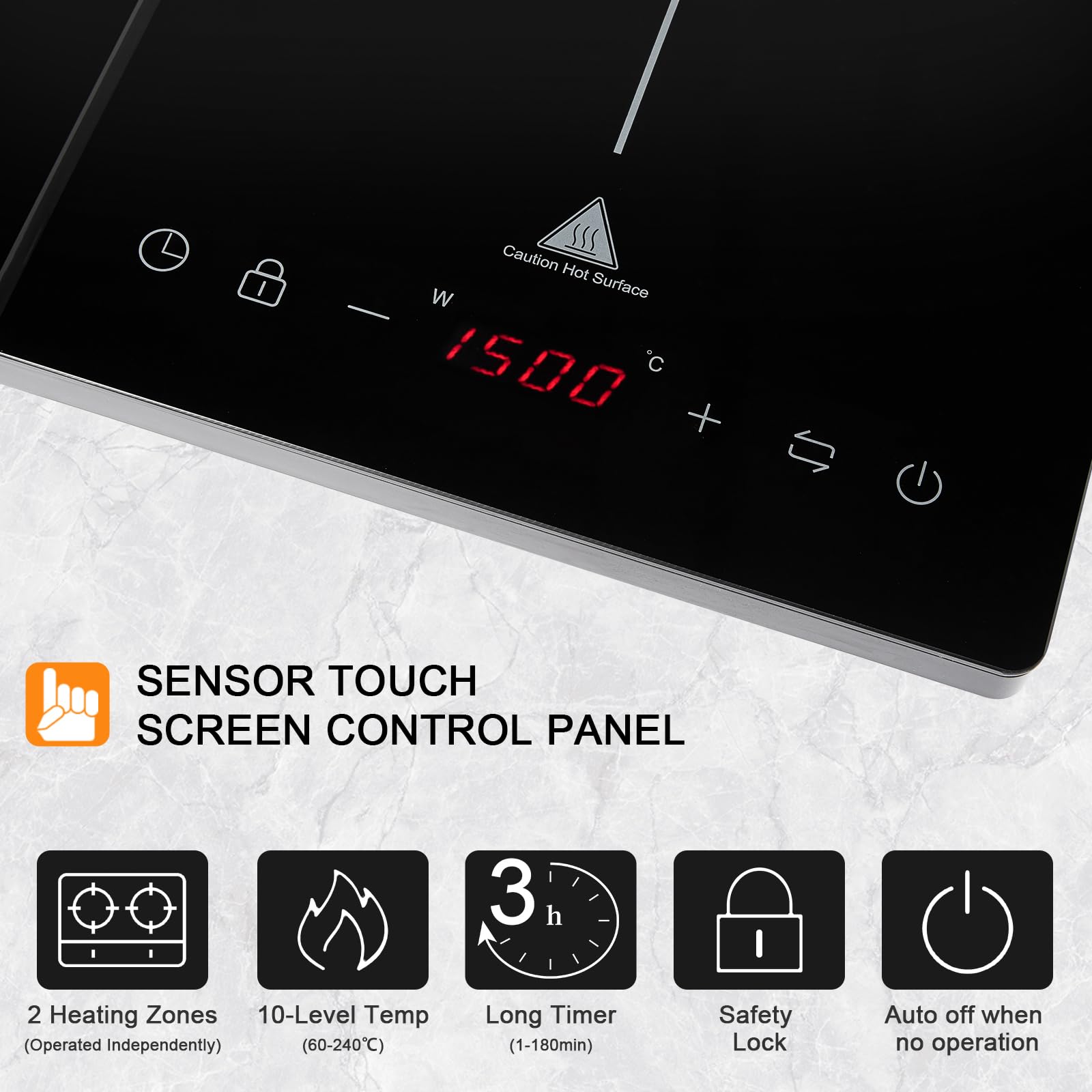 Placa de inducción doble de 3500W con 2 zonas independientes de cocción, 10 niveles de temperatura y potencia ajustables, temporizador de 3 horas y panel de vidrio negro de cristal