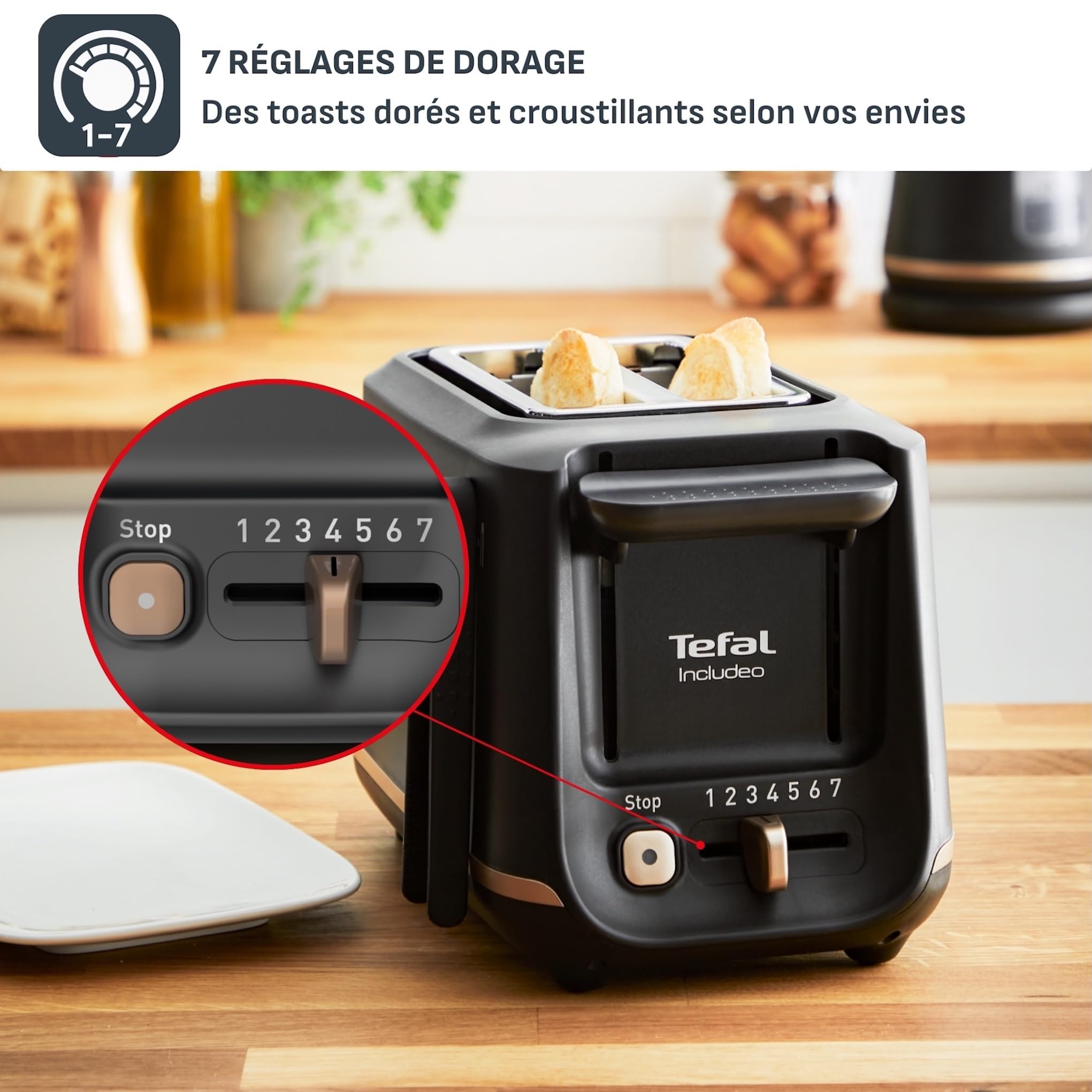 Tefal Grille-pain 2 fentes, Pinces Magnétiques, 7 niveaux de dorage, Tiroir ramasse-miettes amovible, Grandes commandes, Fonction surélévation, Includeo, Noire, TT533811 - 4