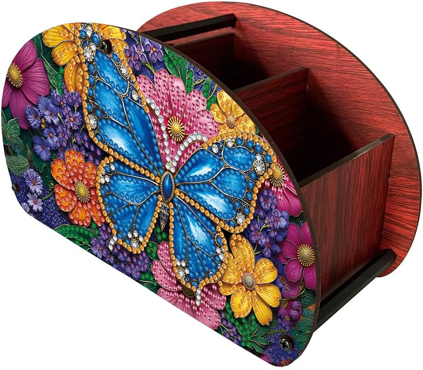 POETRYDRAW DIY Butterfly Diamond Art Painting Wooden Storage Box – Multi-Grid Moon Fan Makeup Brush Organizer, Double-Sided Drill Tabletop Holder for Women, Office & Home Decoration