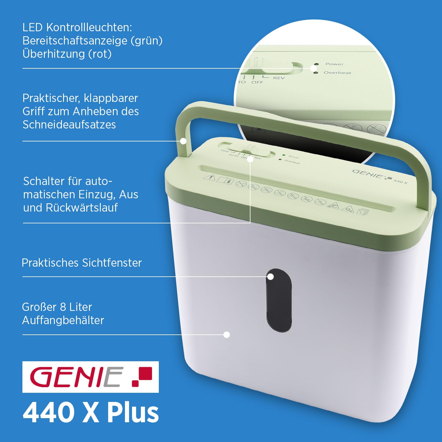 GENIE destructeur de documents 440 x 38 mm Coupe à particules 4 x 38 mm Niveau de sécurité P-4 Silencieux 72 dB Broyeur compact mobile