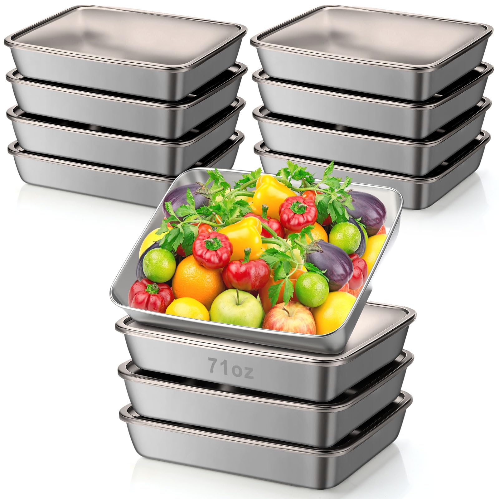 12 Pcs Stainless Steel Food Storage Containers with Brown Lids, 71 oz Metal Lunch Bento Box Reusable Stackable Meal Prep Container for Kitchen Picnic Travel, Freezer& Dishwasher Safe