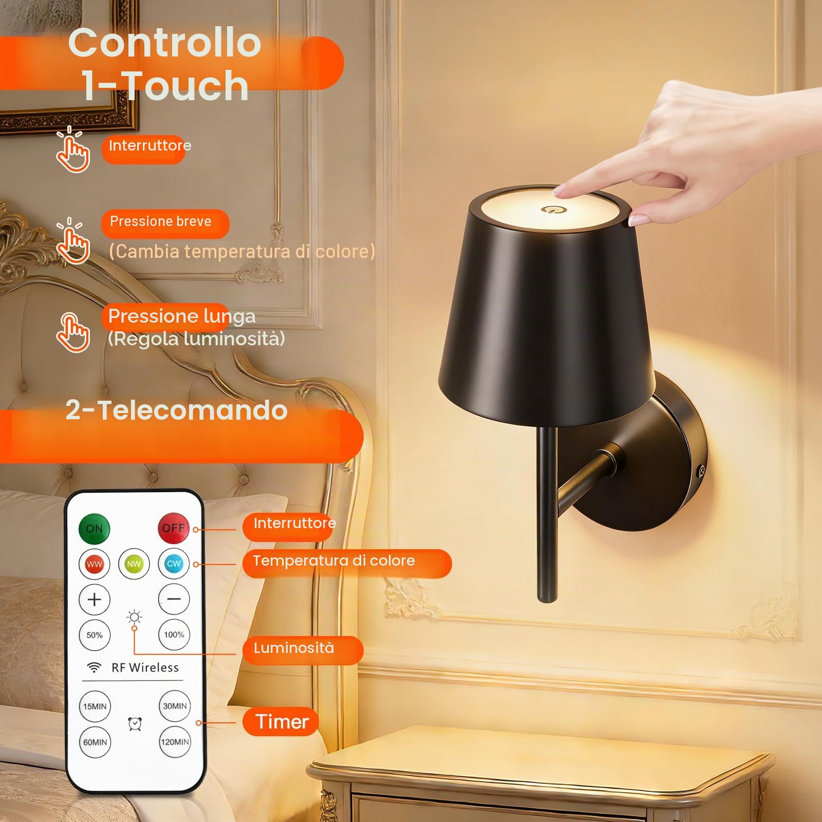 Ketom 2 Pezzi Applique da Parete Interno Senza Fili, con Telecomando | Lampada da Parete Interno Ricaricabile con Telecomando, Lampada da Muro a Batteria, 3 Temperatura Colore, Timer, Dimmerabile
