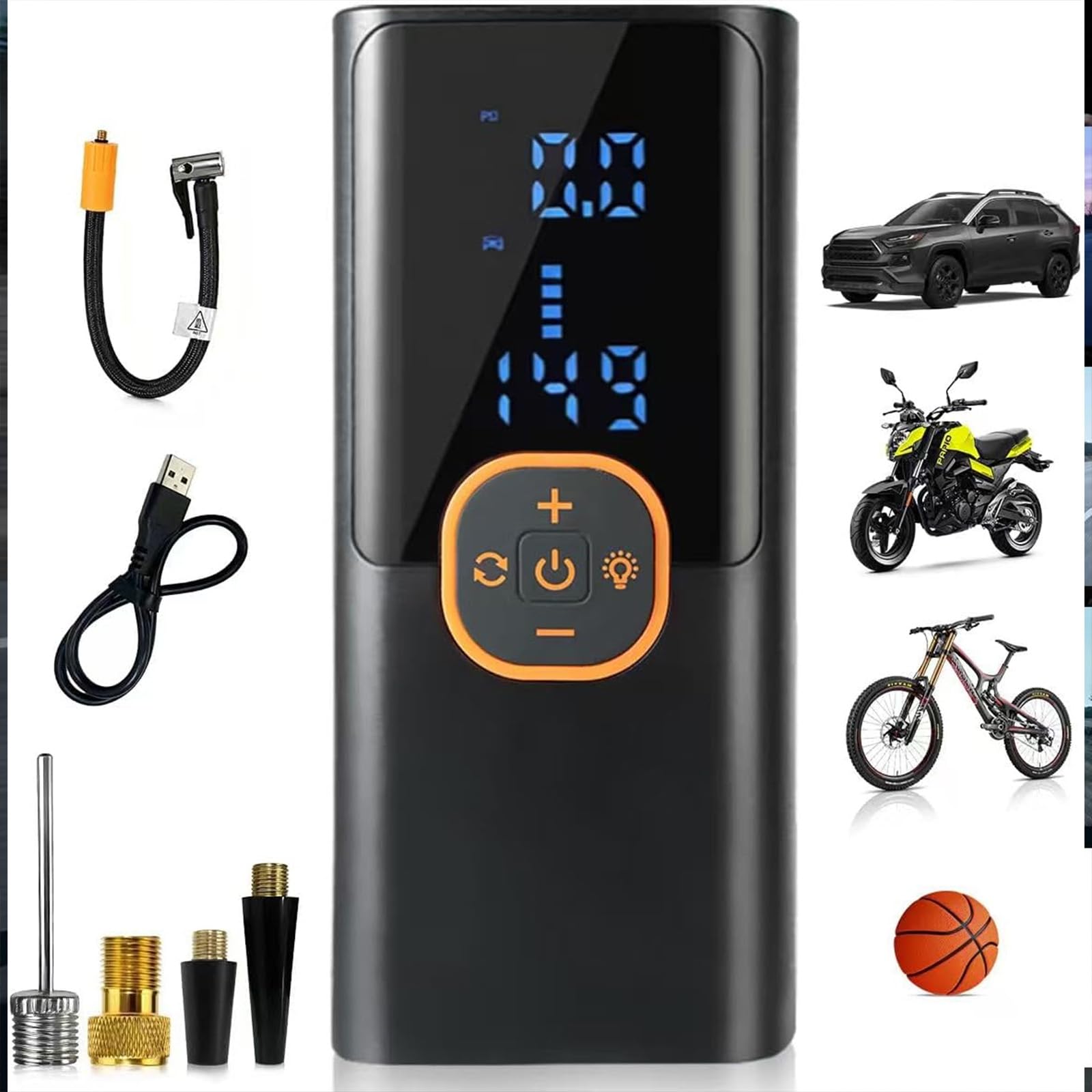 Compressore d'aria portatile, 150 psi, senza fili, con manometro digitale, luce LED, arresto automatico, mini compressore d'aria per pneumatici auto, moto, bici, palloni, gonfiabili