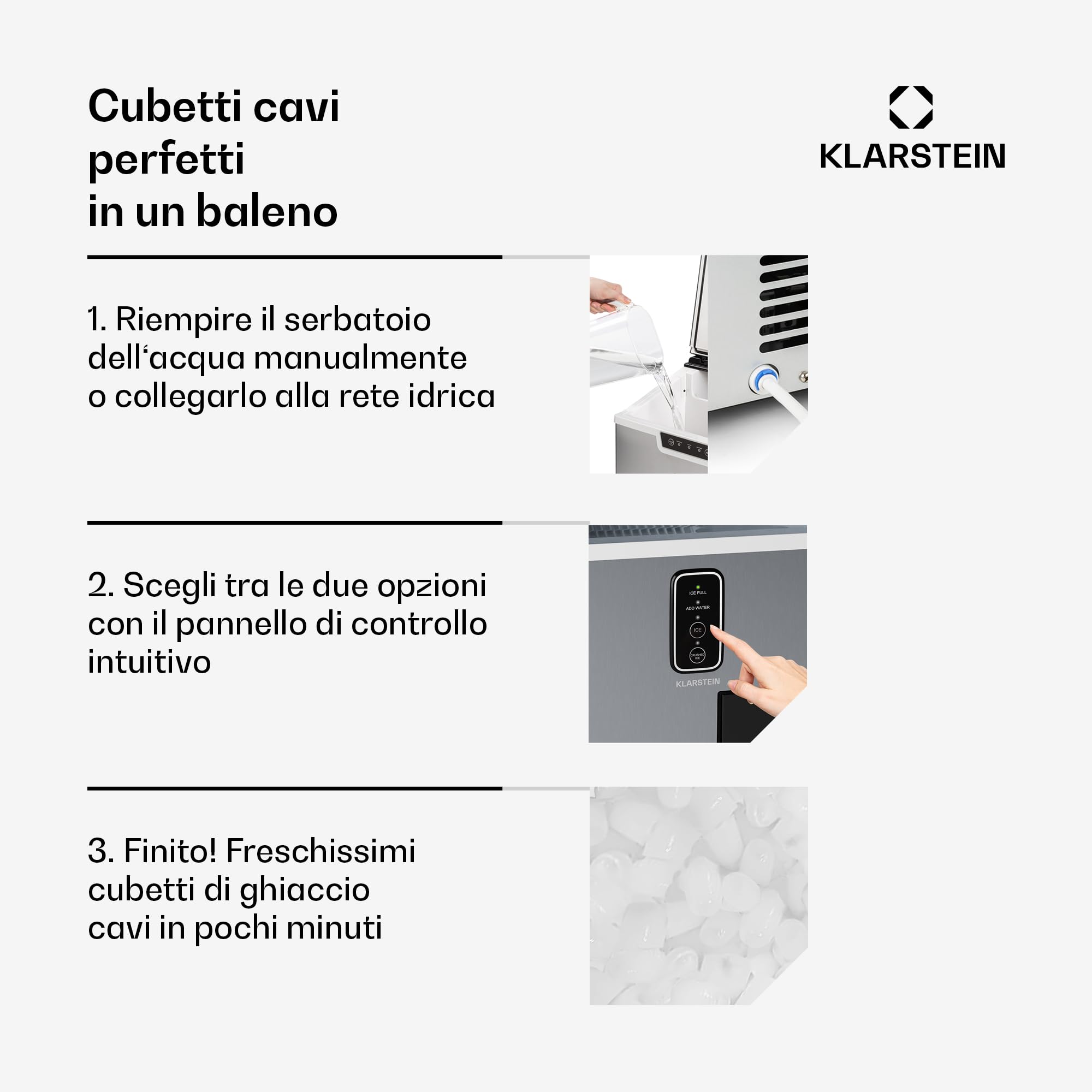 KLARSTEIN - Macchina del Ghiaccio, Acciaio Inox, 15kg/24h, Cubetti & Ghiaccio Tritato, Serbatoio: 1,8L, Pannello LED, Allarme del Livello dell'Acqua, Macchina del Ghiaccio per la Casa