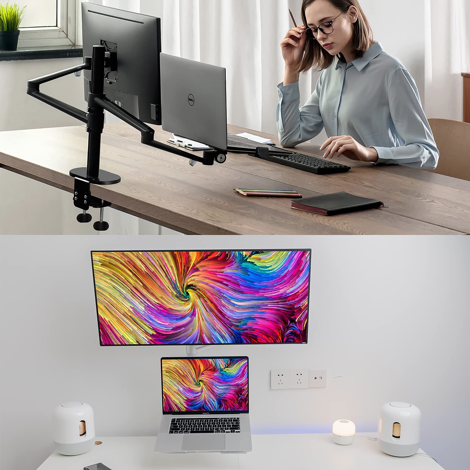 Monitor and Laptop Mount, 2 in1 Adjustable Dual Monitor Arm Desk Mounts