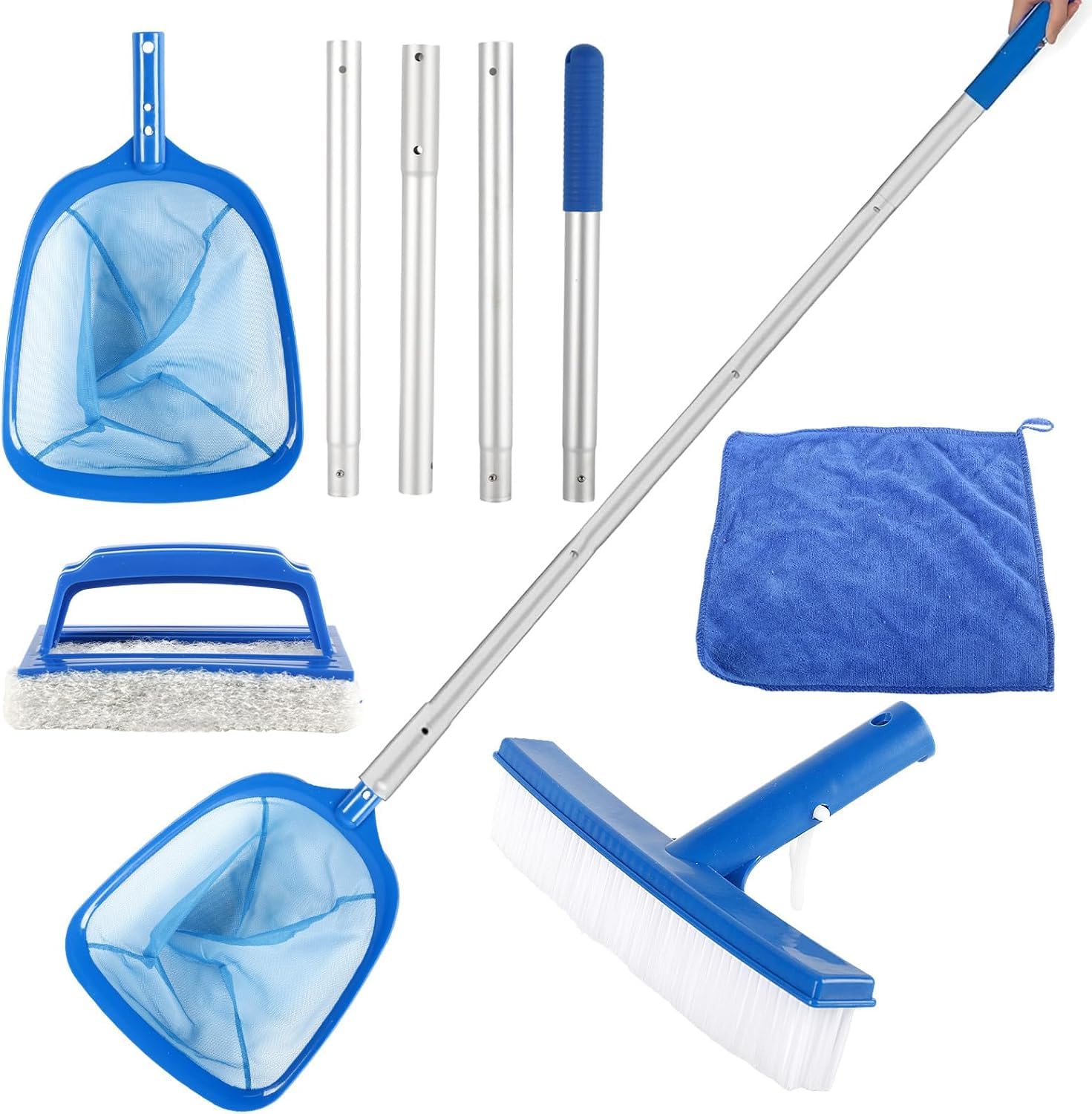 Kit Piscine Nettoyage Epuisette Piscine Maille Extra Fine avec 146cm Télescopique Réglable, Brosse de Piscine et Chiffons de Mettoyage pour étangs, Bains à remous, Pataugeoires