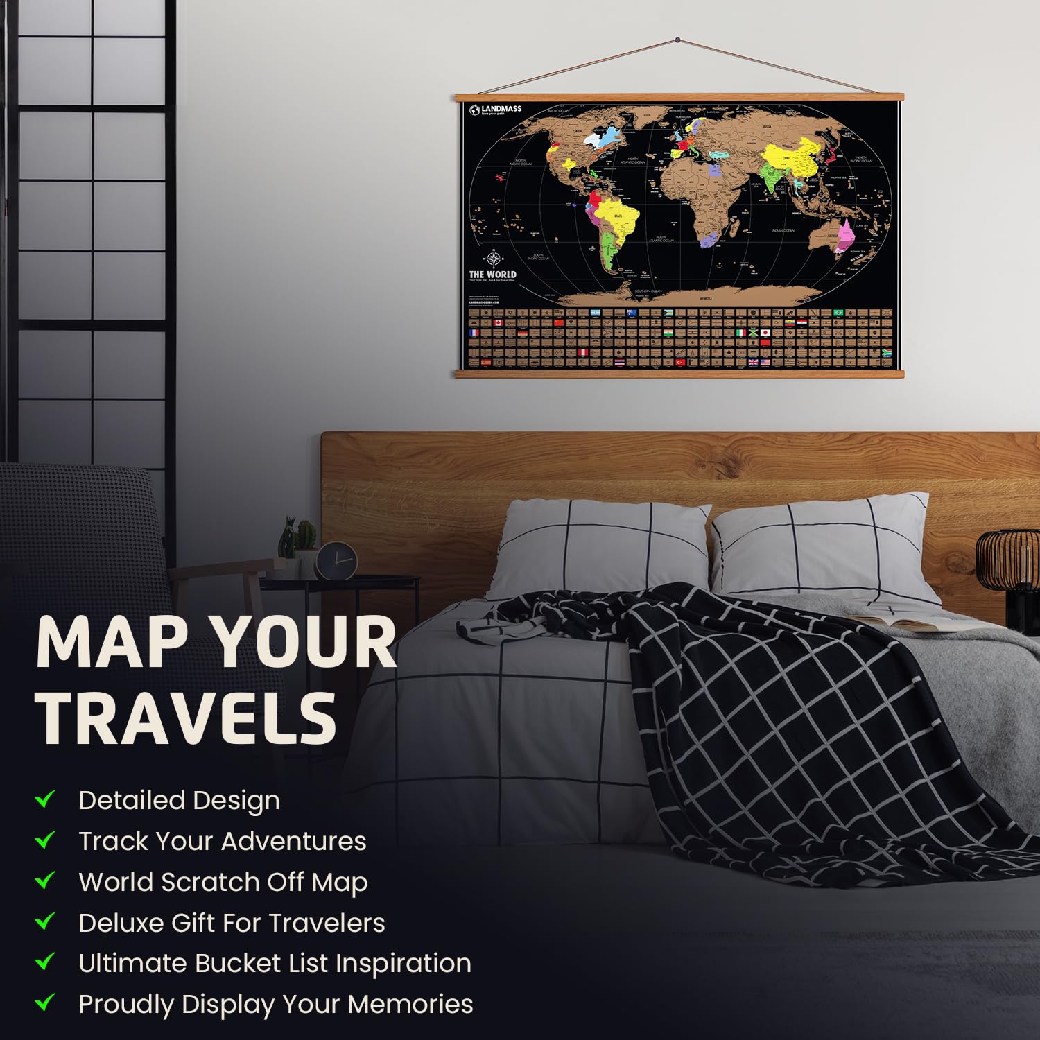 Landmass Mapa del mundo para rascar, decoración de póster grande para viajeros, 91 x 61 cm | La cartografía detallada incluye fronteras de países, banderas y capitales mundiales