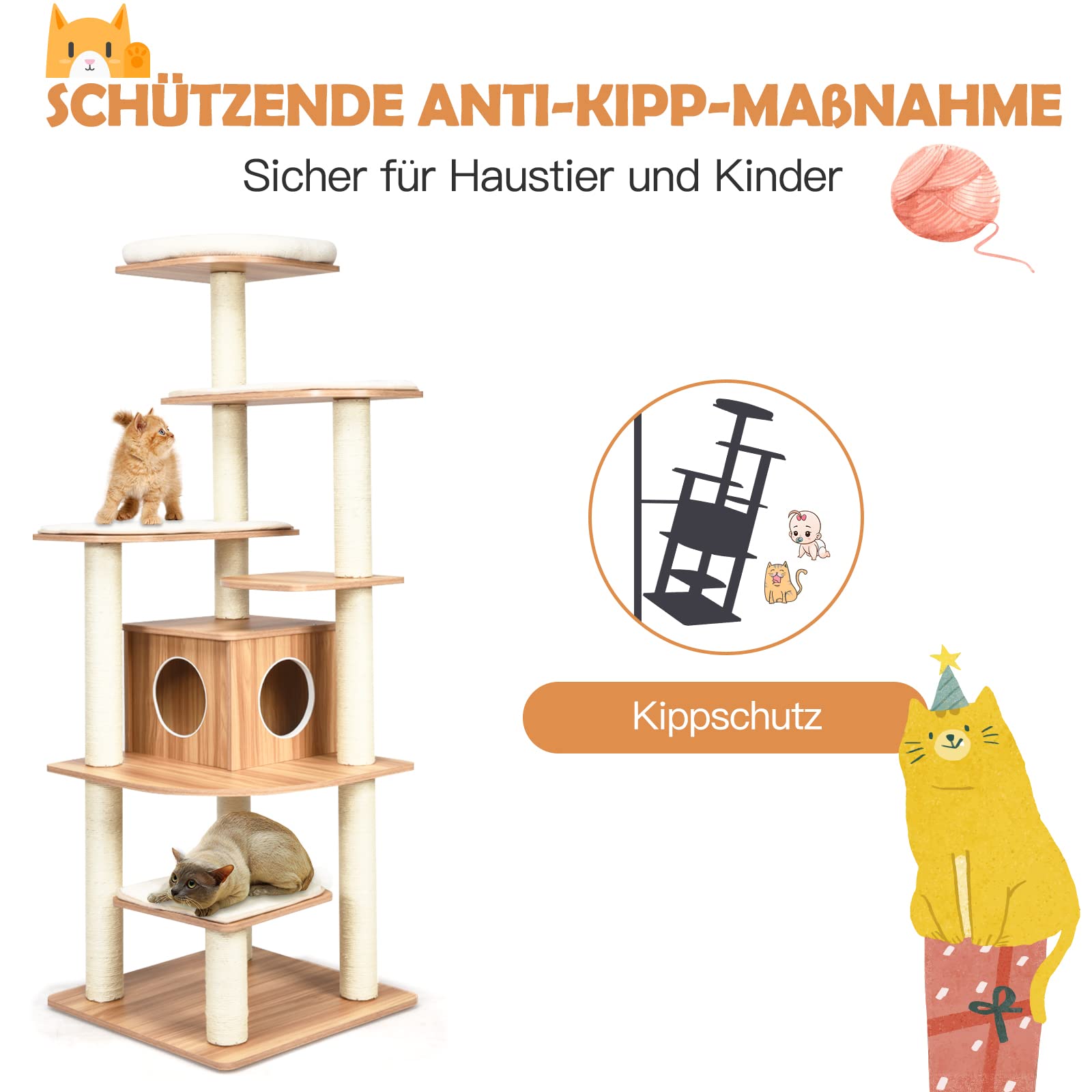 GOPLUS Kattenboom, 175 cm hoog, klimboom met 6 platforms, kattenkrabpaal met groot hol van hout