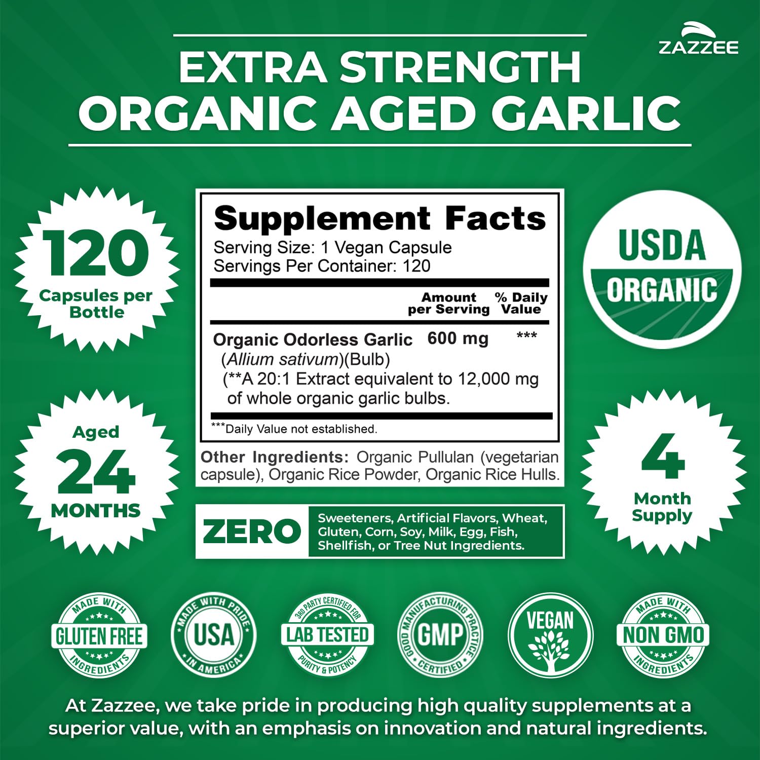 Zazzee USDA Organic Aged Garlic 20:1 Extract, Aged 24 Months, Odorless — Amazon image 3