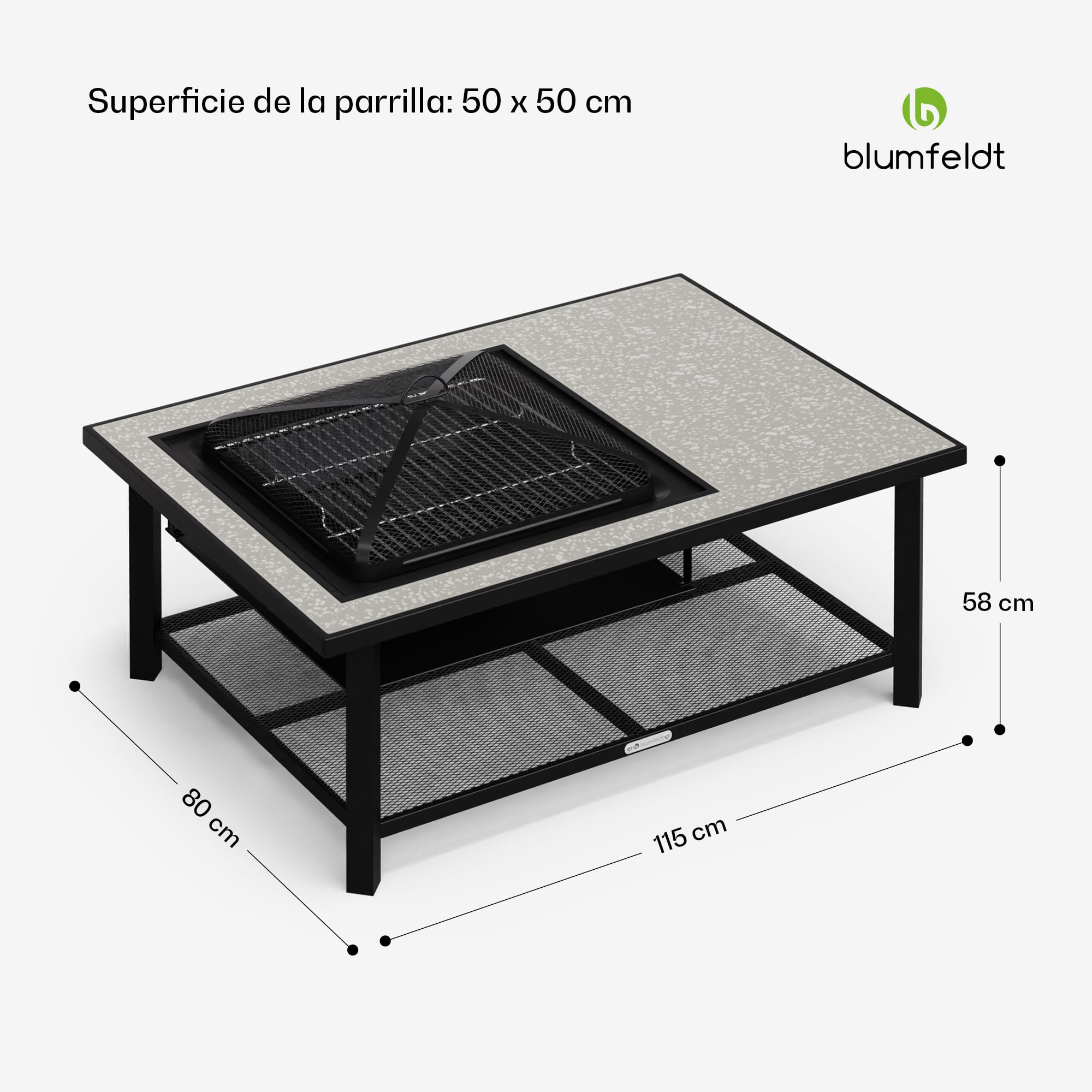 Blumfeldt Merano Avanzato L Brasero Exterior - 3 en 1 Hoguera, Barbacoa & Mesa, Estructura de Acero, Tablero de Terrazo, Incluye Parrilla, Atizador & Protector Antichispas, Ideal para Jardín & Patio