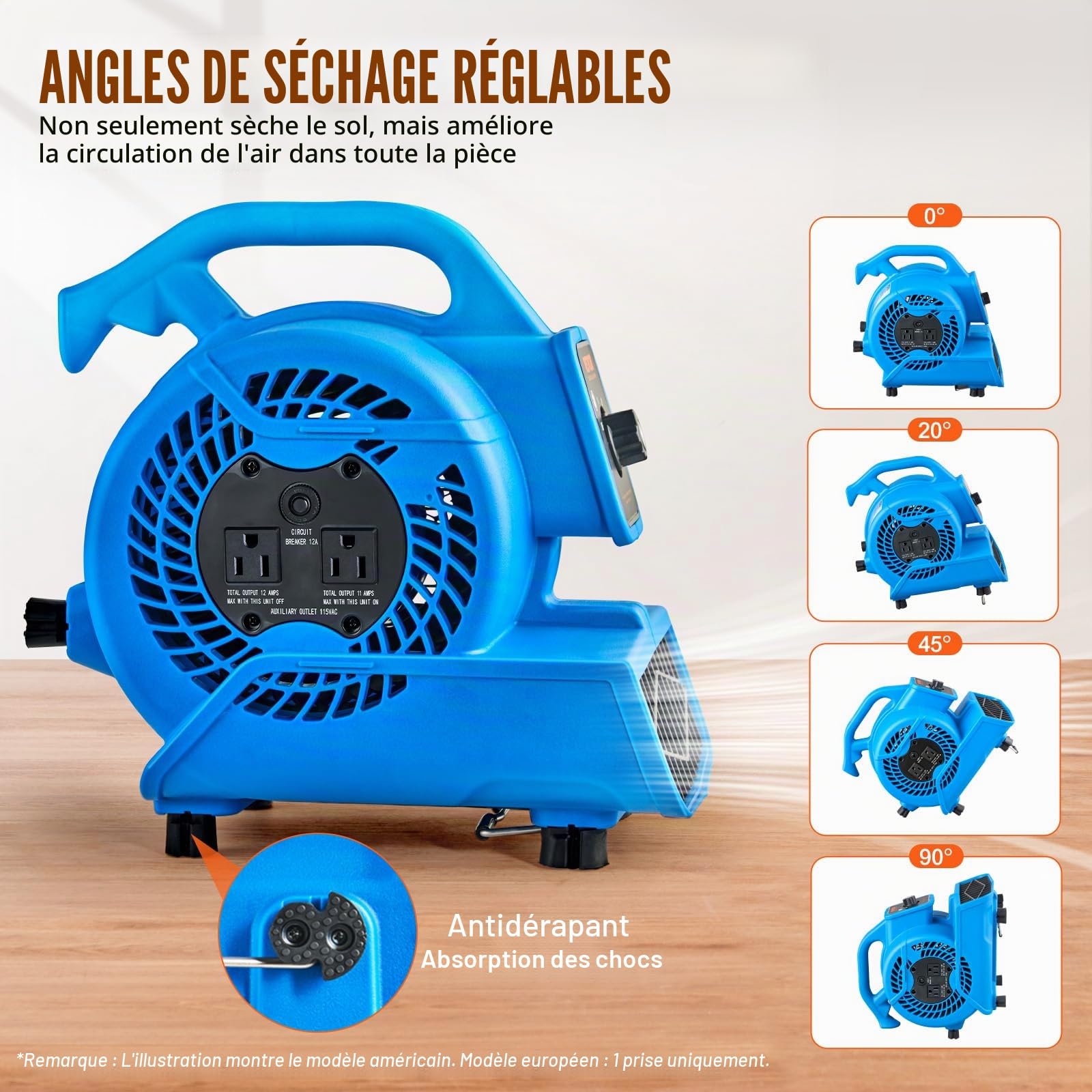 VEVOR Souffleur de Sol, 1360 TR/Min, Ventilateur de séchage Refroidissement, 17 m³/Min, sèche-Tapis Portable avec 4 Angles de soufflage, réglage à 3 Vitesses, pour Nettoyage, Maison, Usage Commercial