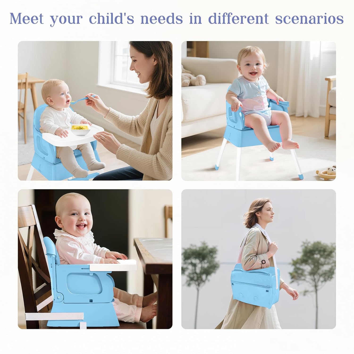 5 in 1 Foldable Baby High Chair,Convertible Highchair for Babies and Toddlers-Portable Infant Booster Seat,Carry Small Box,Dining Chair,Toddler High Chair with 5-Point Harness,Removable Tray-Blue