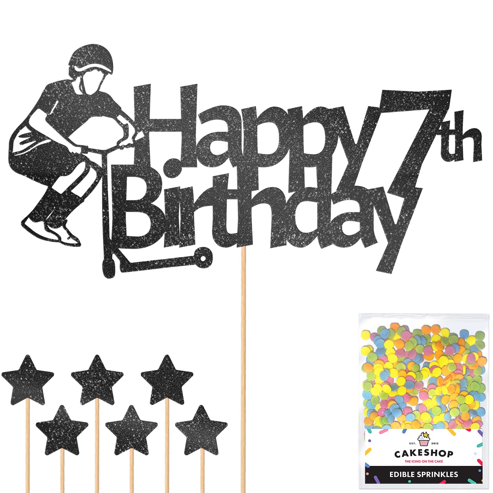 Personalised Tail Whipper Stunt Scooter Glitter Cake Topper - Black Custom Name Glitter Cake Decoration and Sprinkles - Happy Birthday Decorations - Personalised Toppers for Cakes by Cakeshop โ image 1