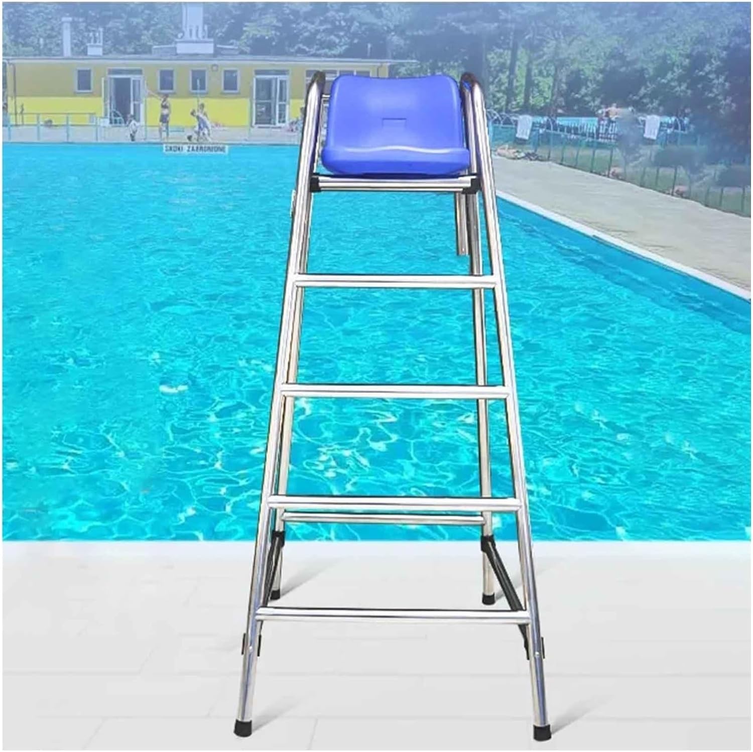 Genérico Escalera de Seguridad elevada de Acero Inoxidable para Piscinas con Silla de socorrista: Equipo de Rescate Esencial para Parques acuáticos al Aire Libre y Seguridad en Piscinas.