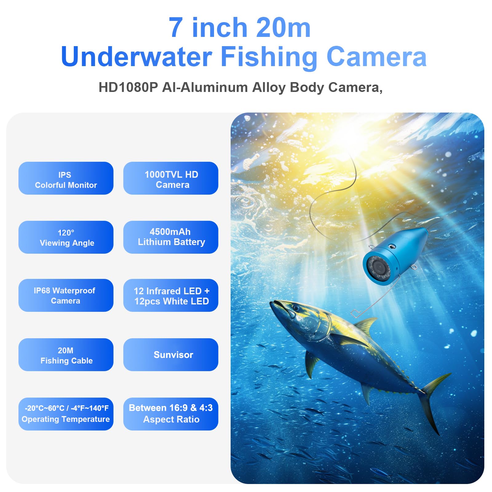 Underwater Fishing Camera, Portable Video Cameras Fish Finder, 7 Inch HD LCD Monitor, 12 pcs Infrared Lights Night Vision, Waterproof Fishing Camera for Ice Lake Boat Sea Kayak Fishing