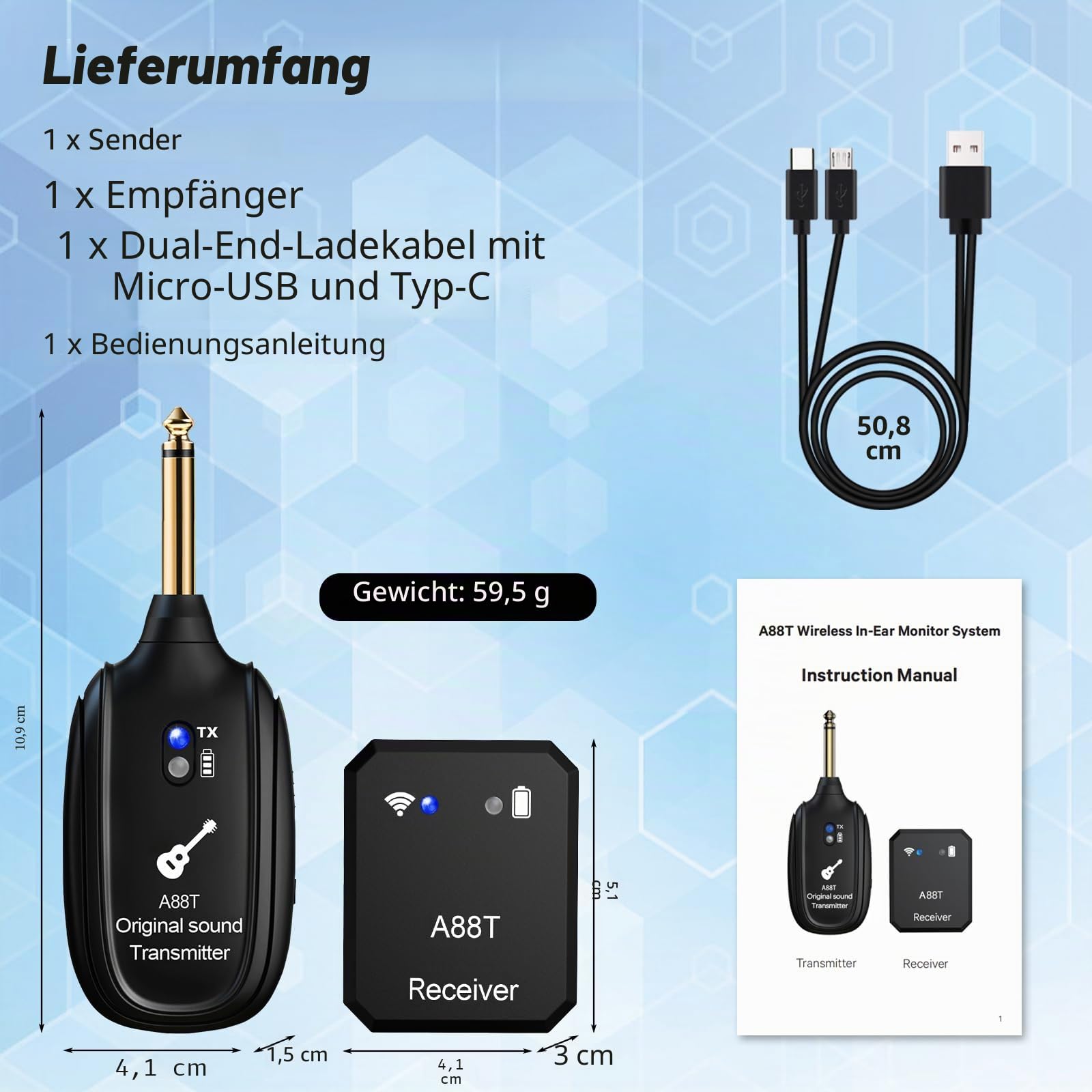 Wireless in Ear Monitor System 2.4GHz Wireless IEM System with Transmitter, Clip on Receiver Auto-Pairing in-Ear Monitoring for Studio, Guitar, DJ, Live Performance