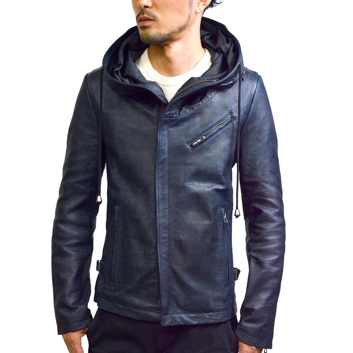 ダークブルー フード付きレザージャケット 711wYRjdFwL.jpg