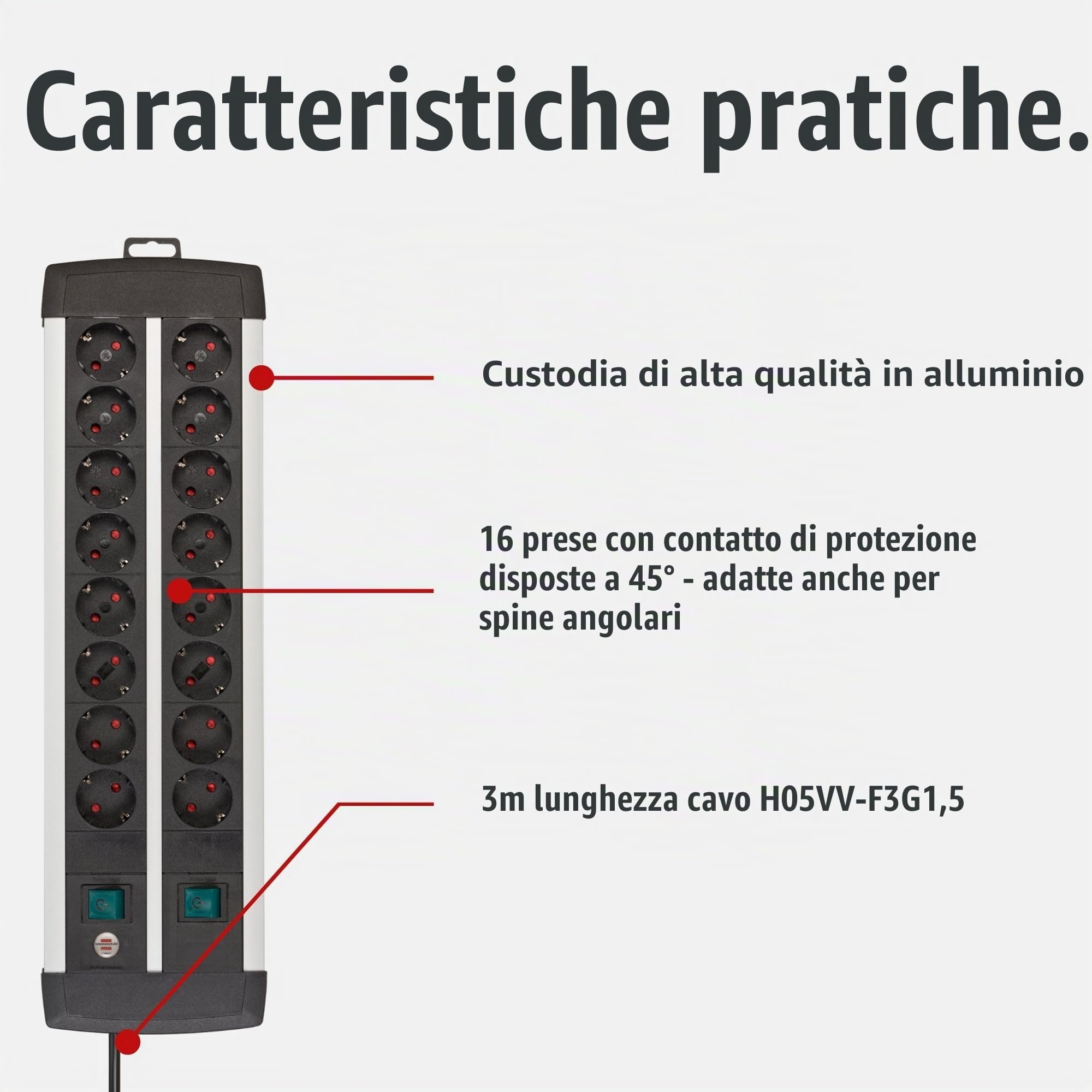 BRENNENSTUHL 1391000916 - Base múltiple Premium-Alu-Line Technics con 2 y 3 interruptores (16 tomas)