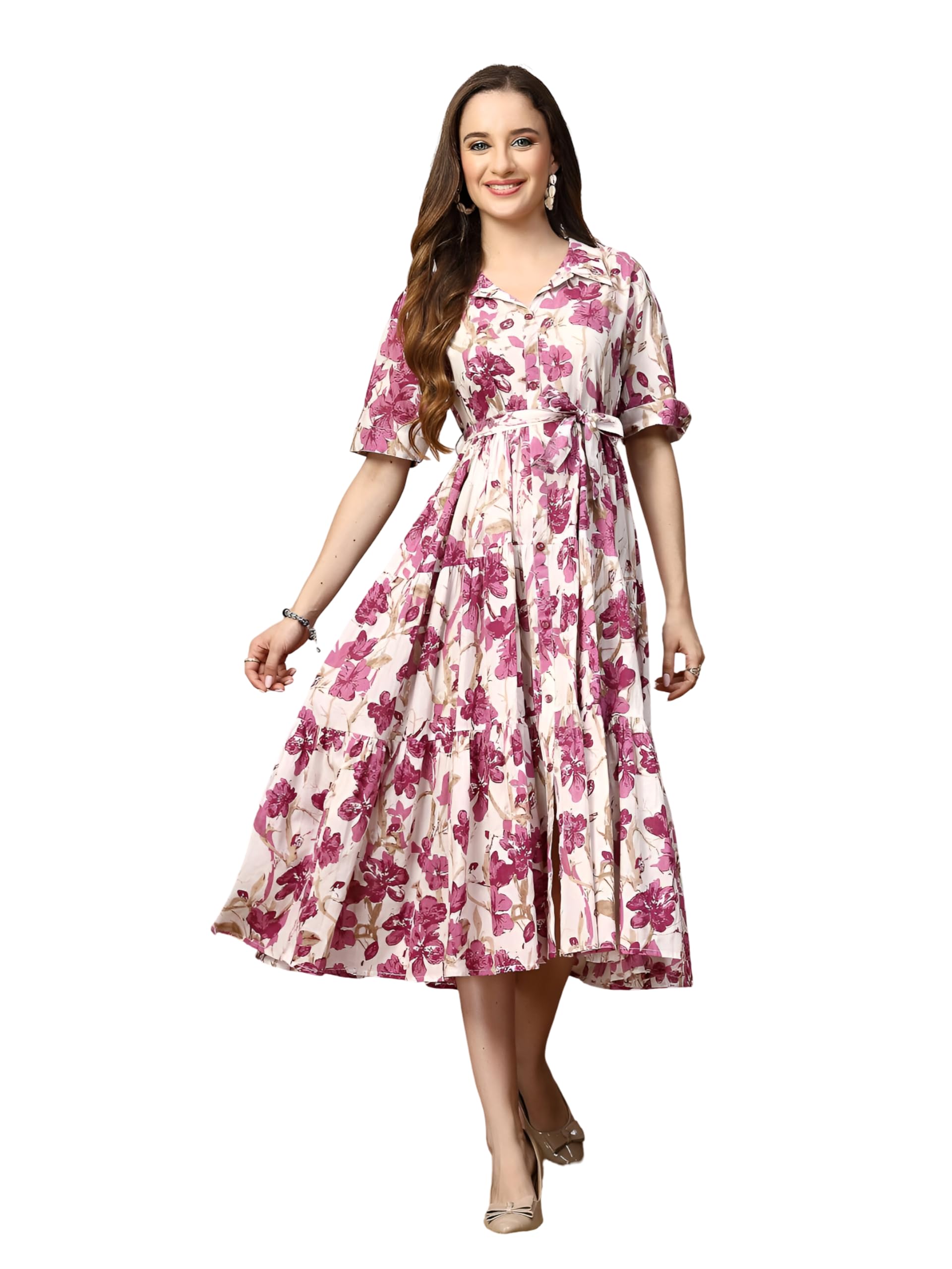 kzully | Dress for Women | Belted Shirt Style Outfit | Floral Tiered | Casual Summer Wear-picture-53