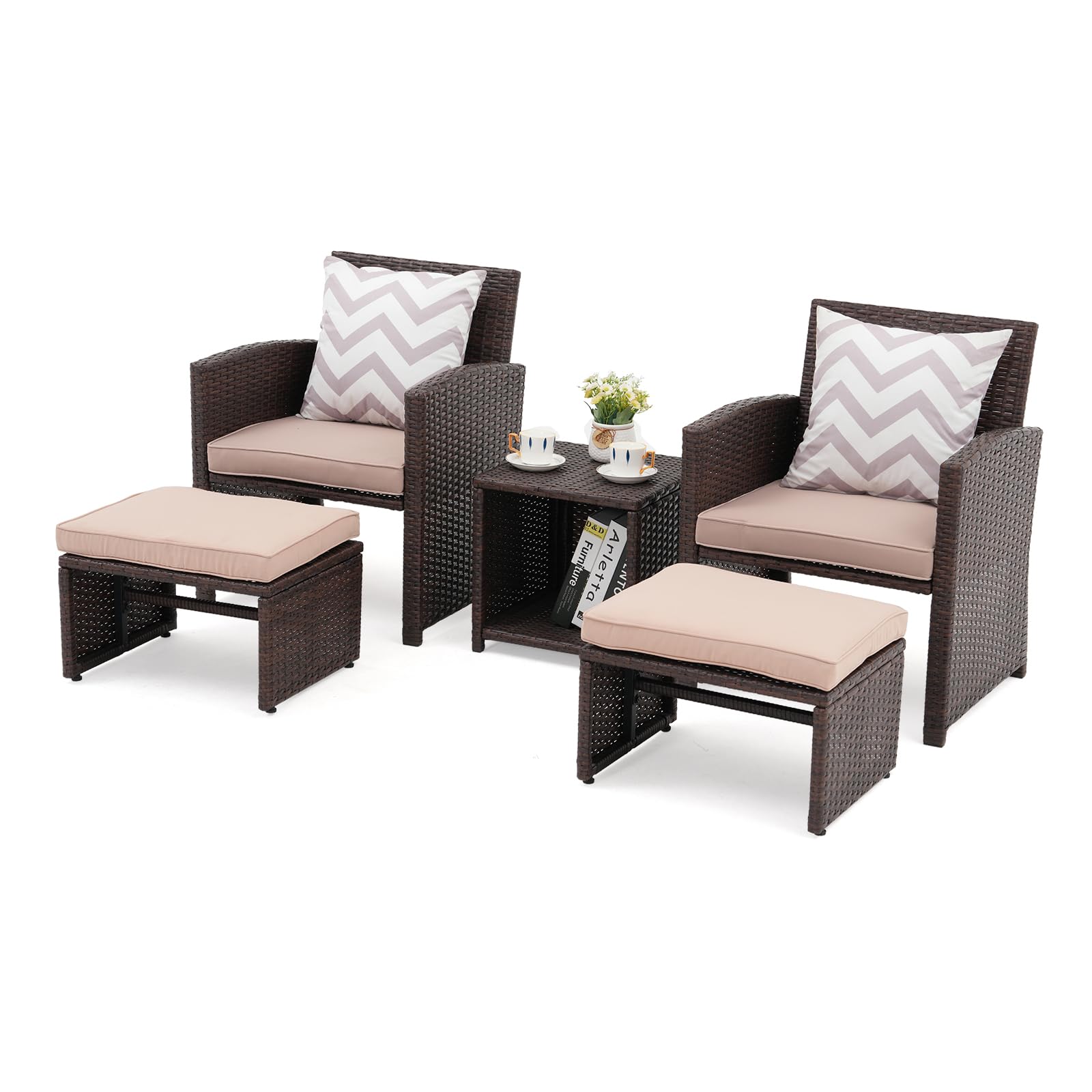 OC Orange-Casual 5-TLG Garten Unterhaltung Set, Balkon Möbel Set mit Kissen, brauner Rattan-Sessel mit Hocker&Couchtisch, für Garten, Hinterhof und Veranda (Beige)