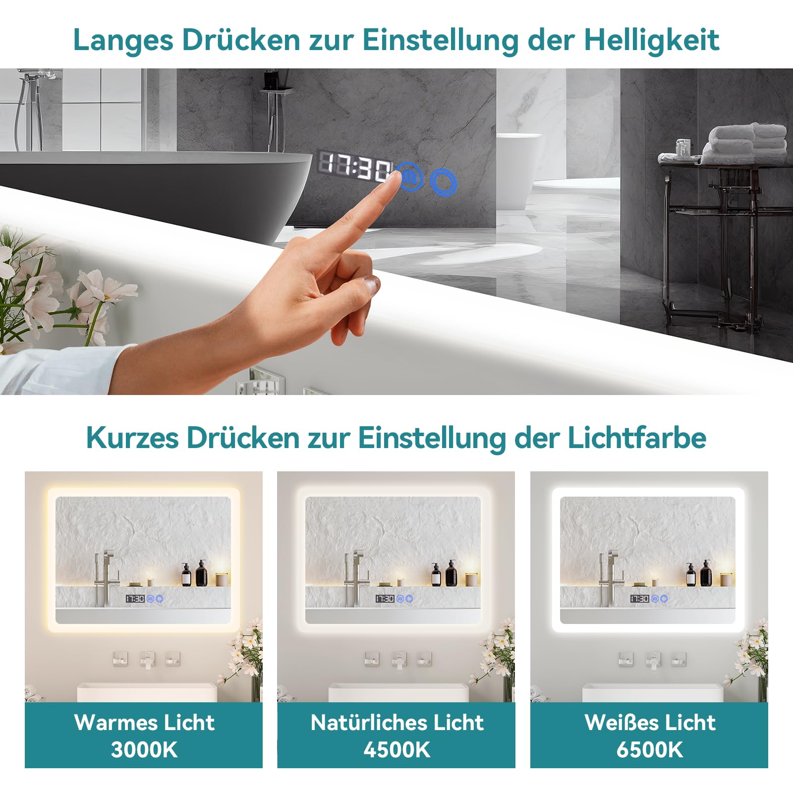 YU YUSING Badspiegel mit Beleuchtung 80x60cm Badezimmerspiegel LED mit 3 Lichtfarben Dimmbar, Beschlagfrei Wandspiegel mit Touch-Schalter, Spiegel Badezimmer Timer-funcktion, Gehärtetes Glas IP44