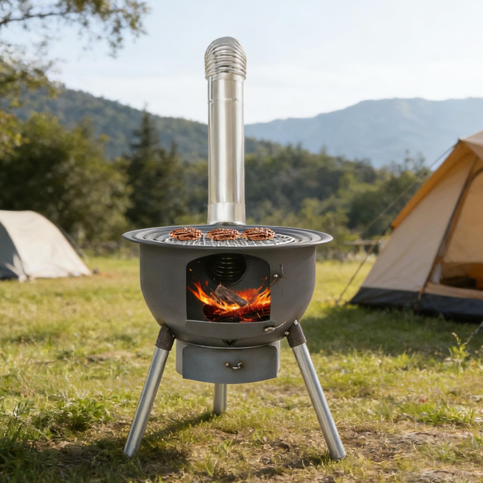 Estufa de leña multifunción con parrilla, 48 x 52 cm | 3 anillos de wok y capacidad de carga de 150 kg, acero y acero inoxidable, negro, para camping, jardín y picnic al aire libre
