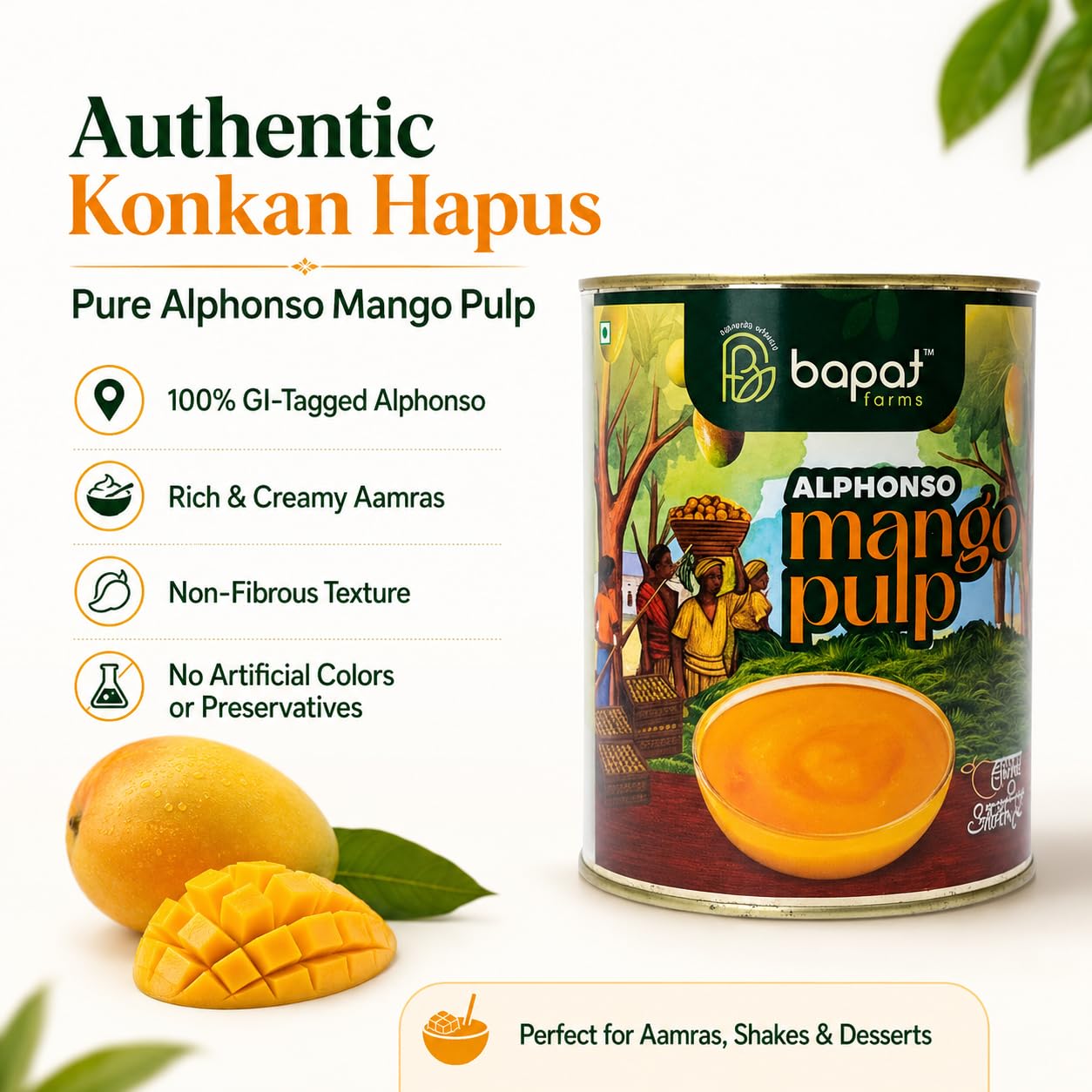 Bapat Farms Pure Alphonso Mango Pulp (Hapus), Authentic Konkan Origin, Rich & Creamy Aamras, Sweetened, 450g Tin 4