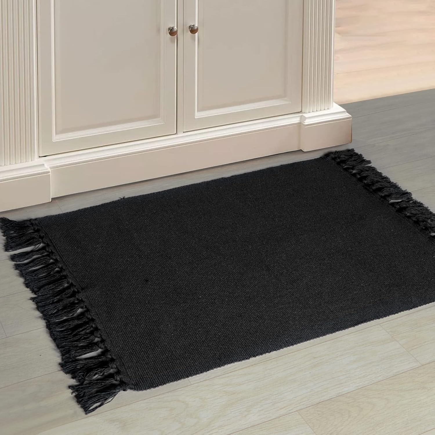Seavish Black Kitchen Rug Set, 2x3+2x4.3 Boho Cotton Woven Area Rug, Washable Throw Rug Set, Farmhouse Floor Mat for Laundry Room Bedroom Bathroom Restroom Doorway Patio Porch