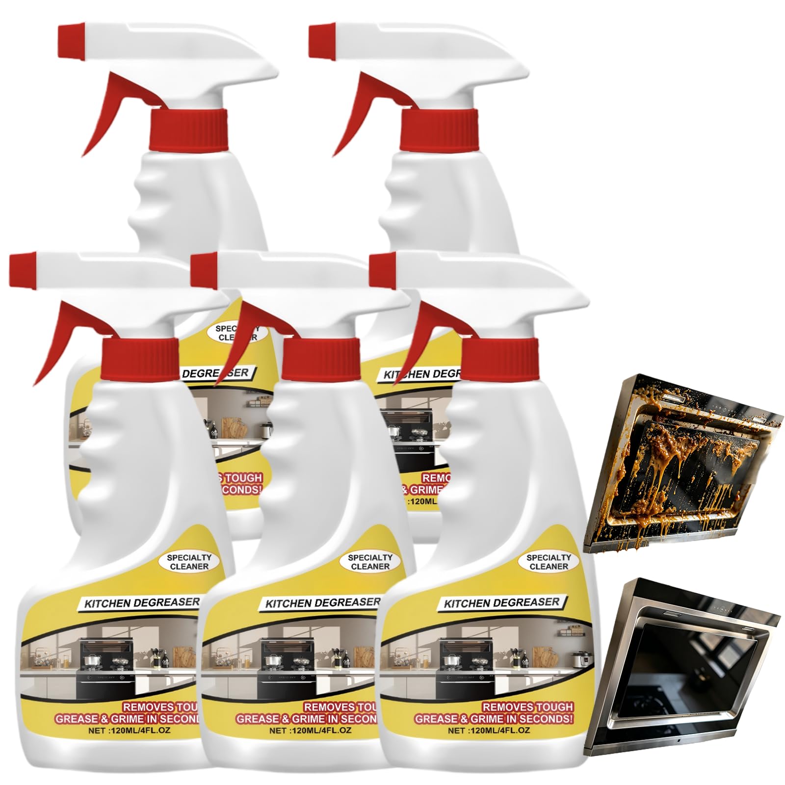 Spray smacchiatore per macchie gialle ad azione rapida, sgrassatore liquido forte da cucina, portatile da campeggio, barbecue, residui appiccicosi, schiuma detergente a rapida risoluzione (5 pezzi)