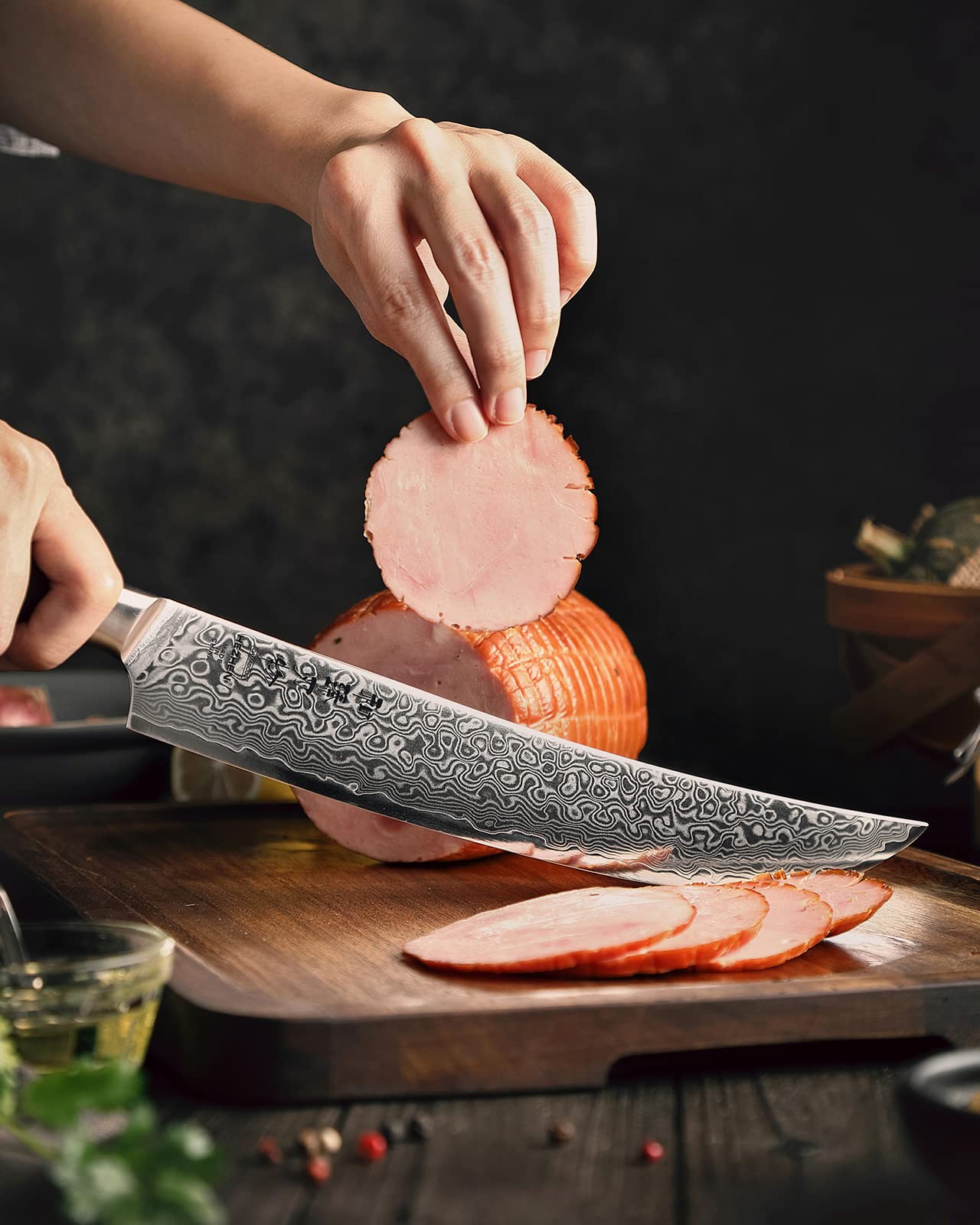 HEZHEN 10-Inch Slicing Knife with Granton Edge –67 Layers Damascus Steel, Professional Carving Knife for Brisket, Roast & BBQ, Figured Sycamore Handle — Amazon image 7