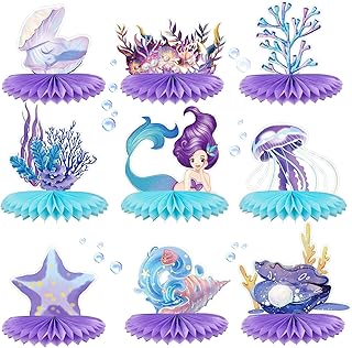 9Pcs Mermaid Party Decorations, Honeycomb Table Centerpieces Party Supplies for Girls Little Mermaid Ocean Under The Sea Theme Birthday Baby Shower Party Decorations