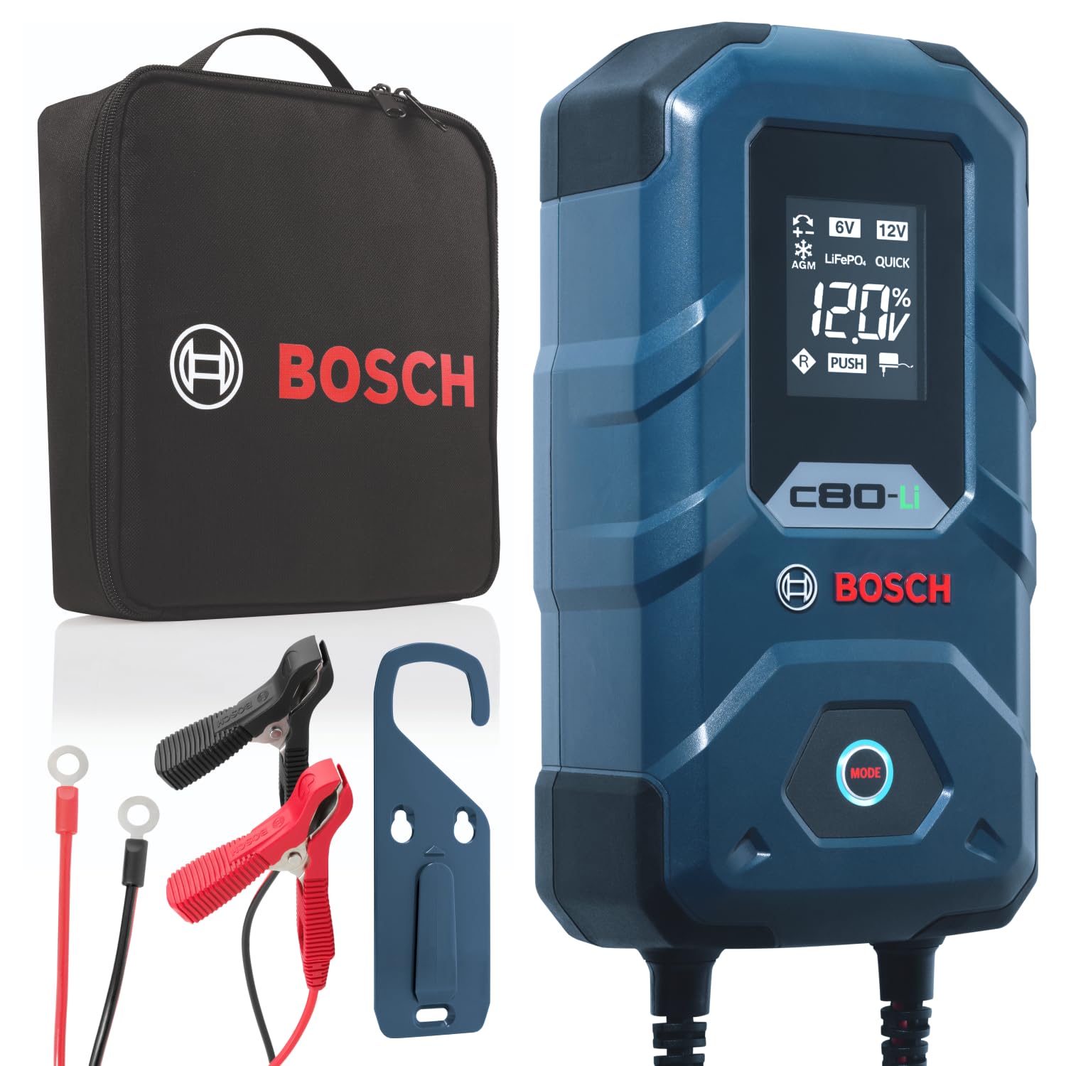 Bosch C80-Li Batterieladegerät, 15 Ampere, mit Erhaltungsladungs-Funktion - Autobatterie-Ladegerät für 6 V / 12 V Blei-Säure-, AGM-, EFB-, Gel-, SLI- Batterien sowie 12 V Lithium- (LiFePO4) Batterien