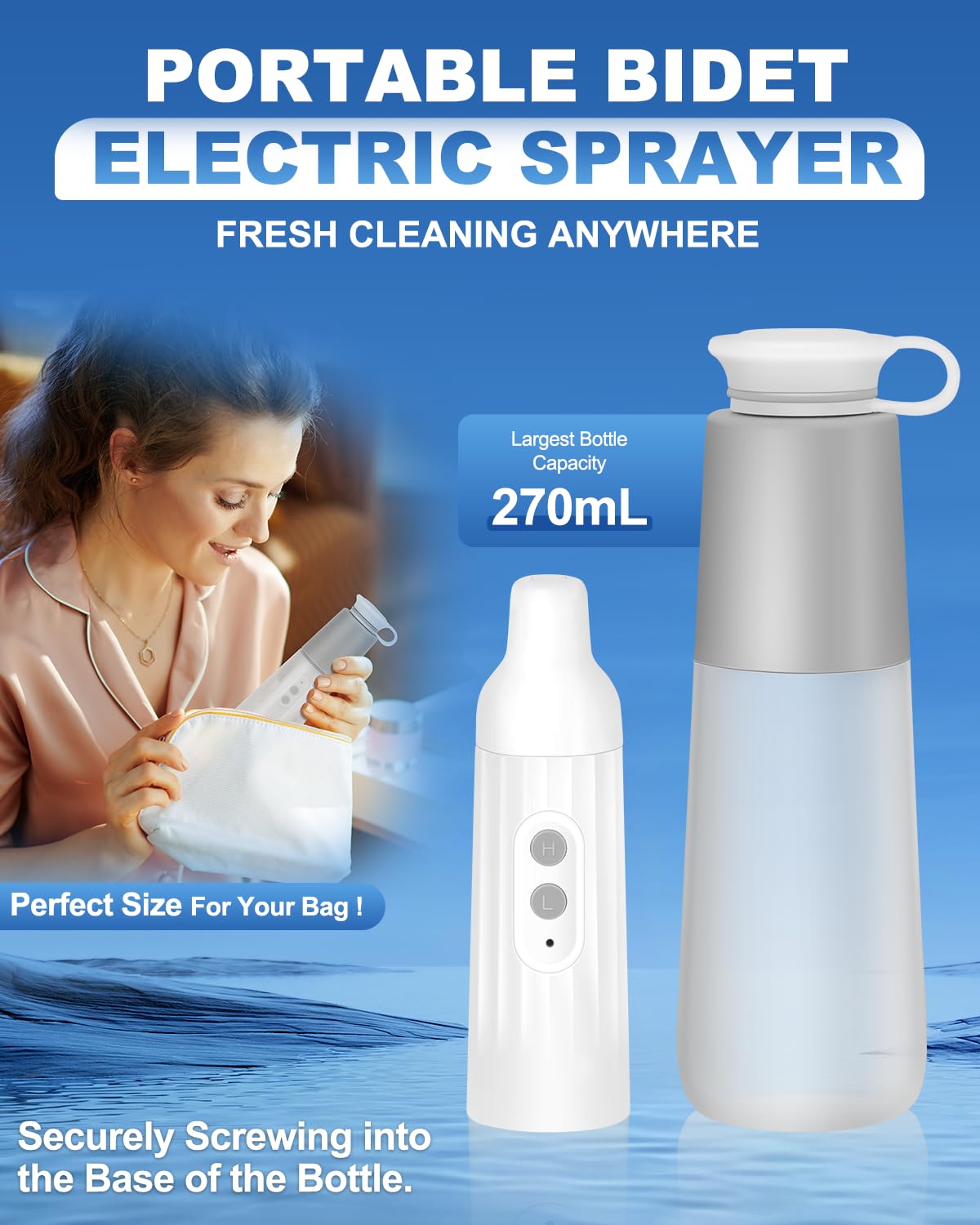 HSRG Draagbare elektrische bidetsproeier, waterdicht reisbidet met 180 ° draaibare mondstuk en 170 ml waterreservoir, voor persoonlijke hygiënereiniging, babyverzorging, postpartumverzorging en bedlegerige patiënt