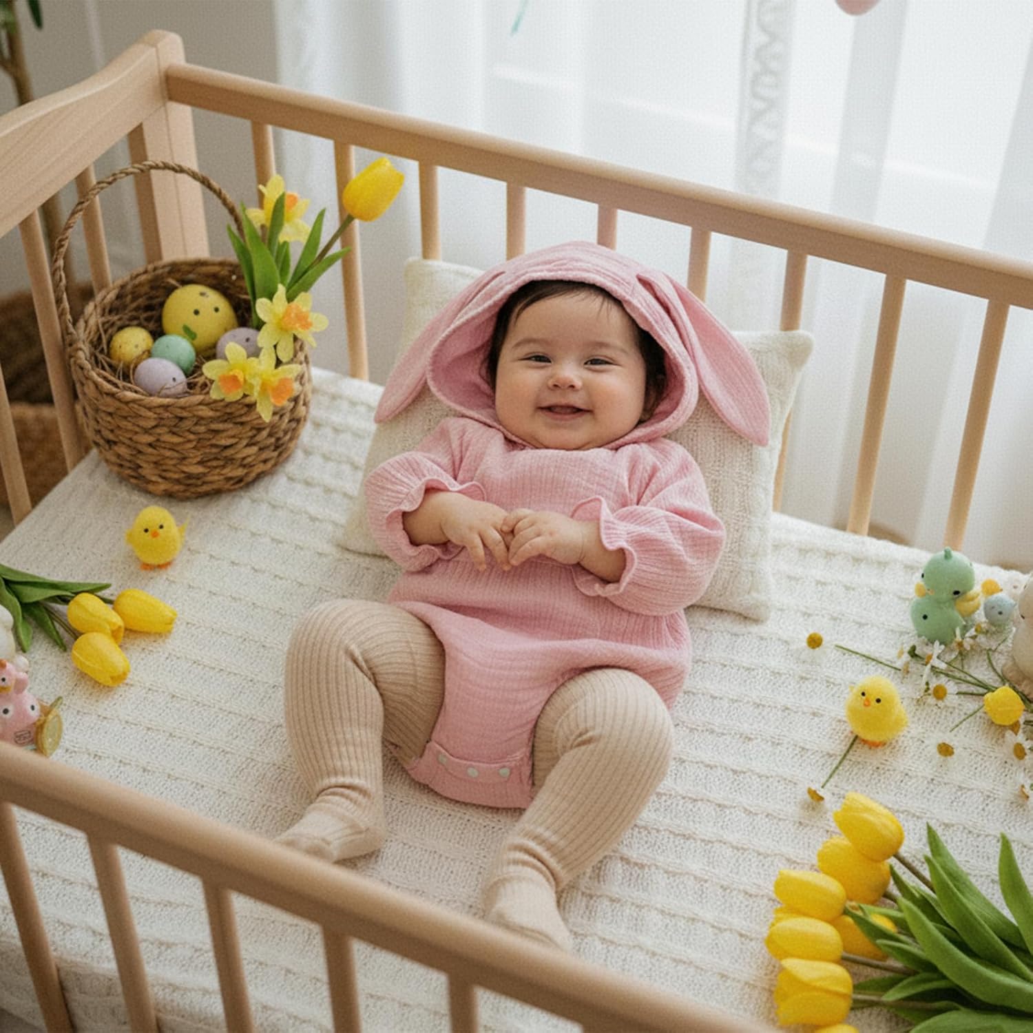 Newborn Baby Easter Outfit Girl Boy Bunny Ear Hoodie Long Sleeve Bubble Romper Cute Infant Spring Clothes - Image 2